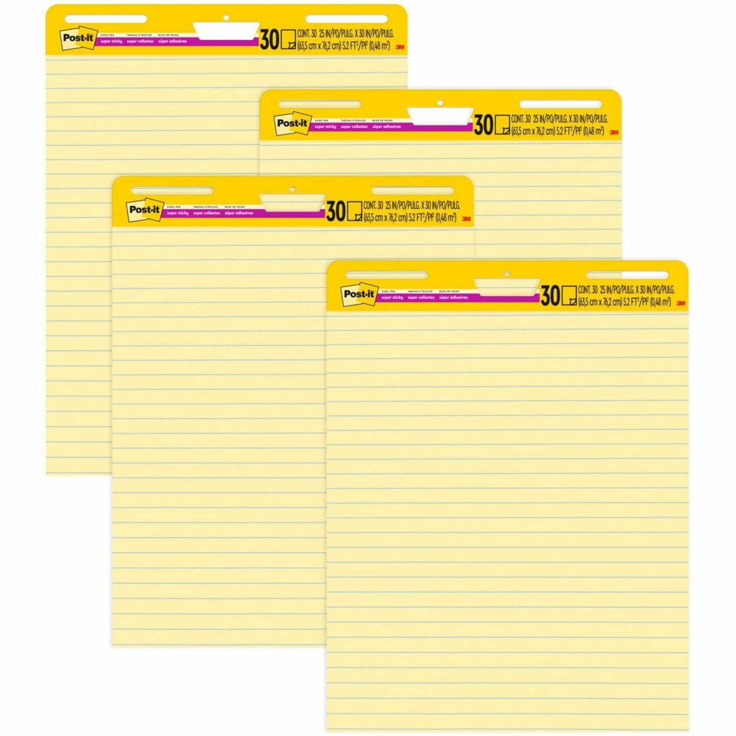 Post-it Super Sticky Easy Pads, 25in x 30in, 4 Pads, 30 Sheets/Pad, Lined, School Supplies for Classrooms, Yellow