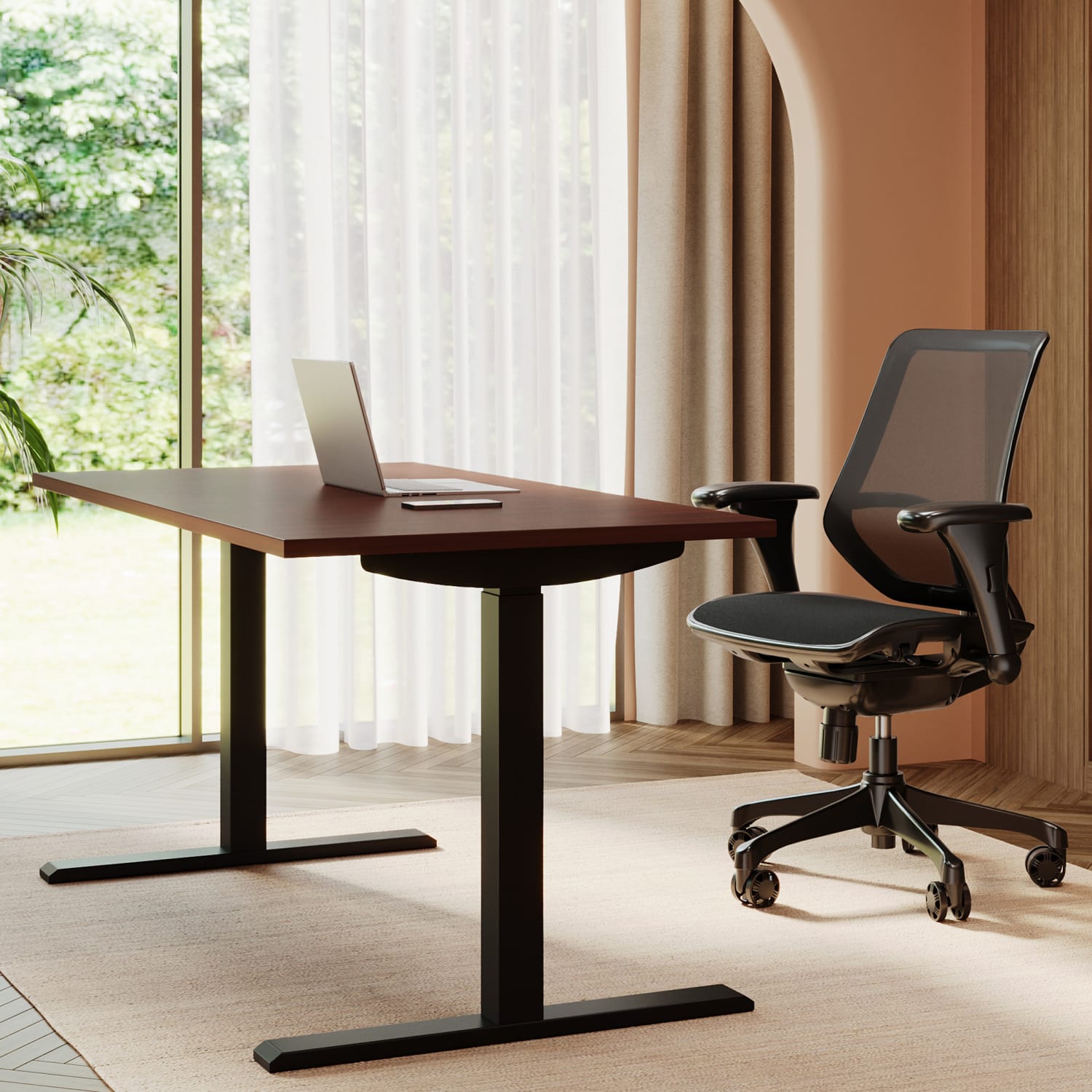 Realspace Magellan 60inW Pneumatic Height-Adjustable Standing Desk, Cherry