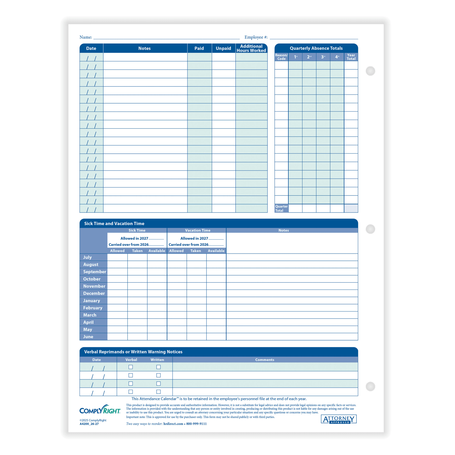 ComplyRight 2025-2026 Fiscal Attendance Calendar, 8 1/2in x 11in, Pack Of 50 - Image 4