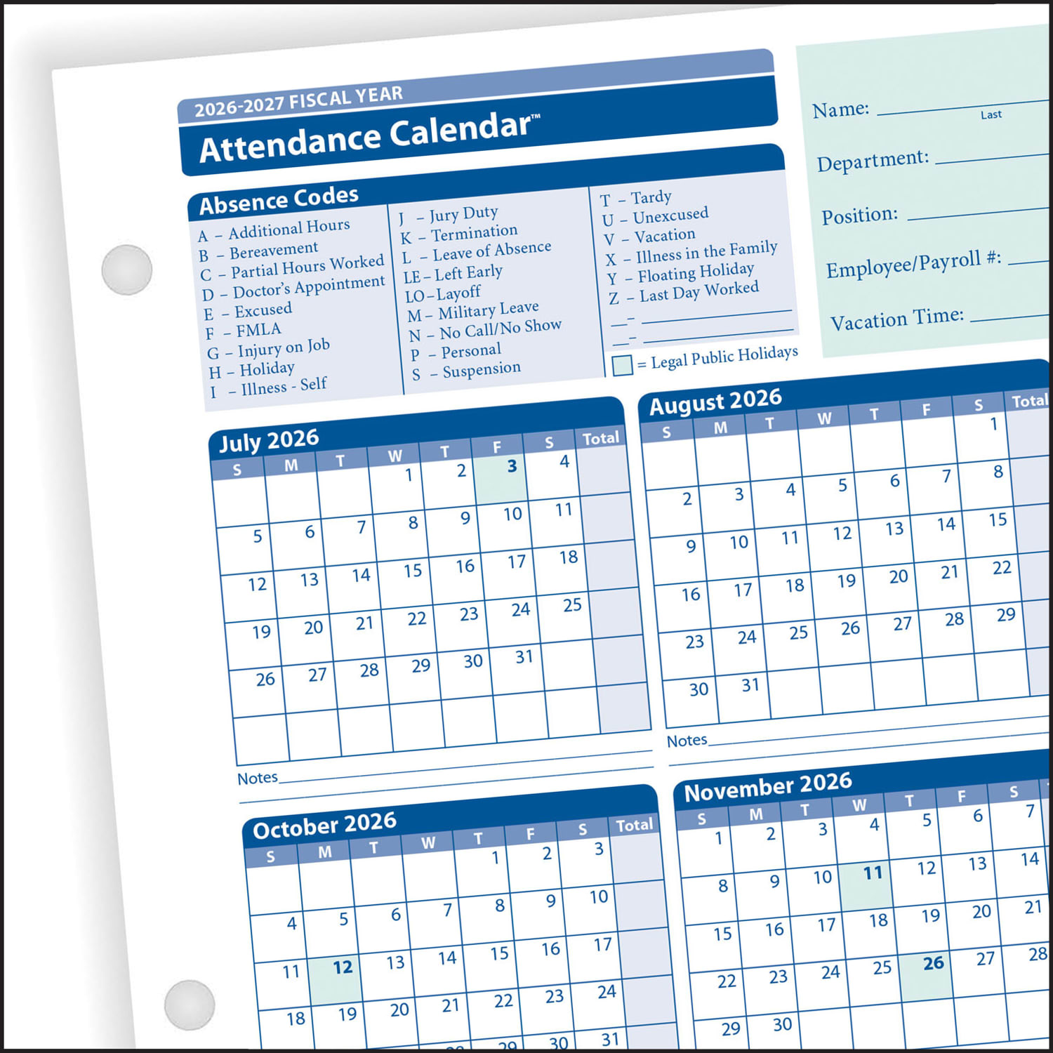 ComplyRight 2025-2026 Fiscal Attendance Calendar, 8 1/2in x 11in, Pack Of 50 - Image 5