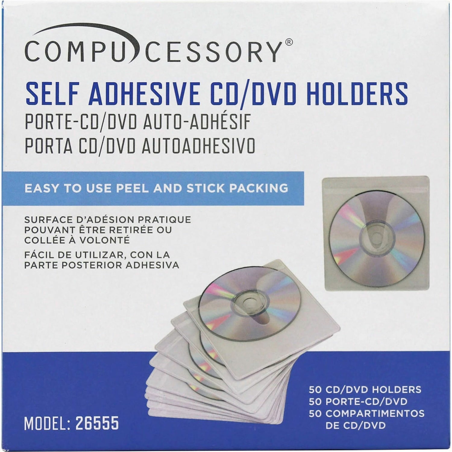 Compucessory Self-Adhesive Poly CD/DVD Holders - 1 x CD/DVD Capacity - White - Polypropylene - 50 / Pack - Image 4