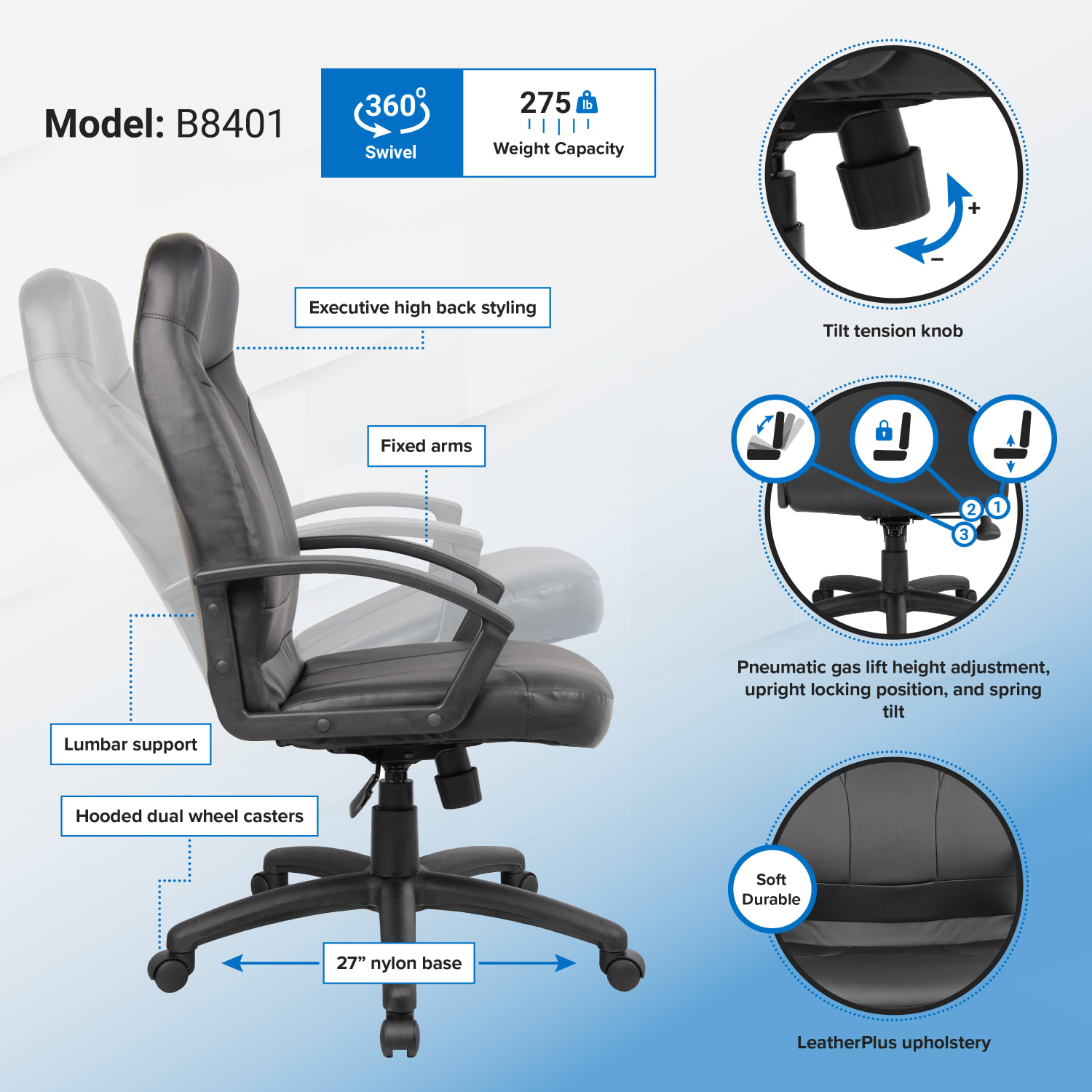Boss Office Products High-Back Ergonomic Leather Managers Chair, Black - Image 10