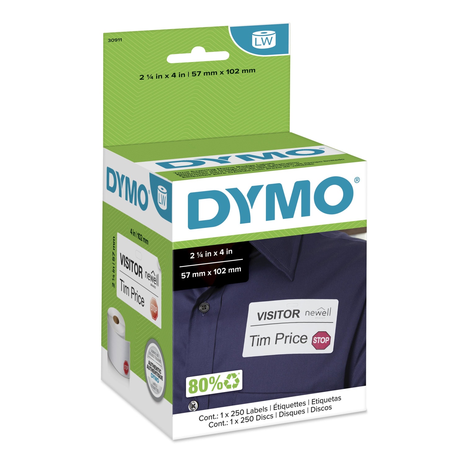 DYMO Authentic LW Name Badge Labels with 12-Hour Expiration Notification Disks for LabelWriter Label Printers, White, 2-1/4in x 4in, 1 Roll of 250