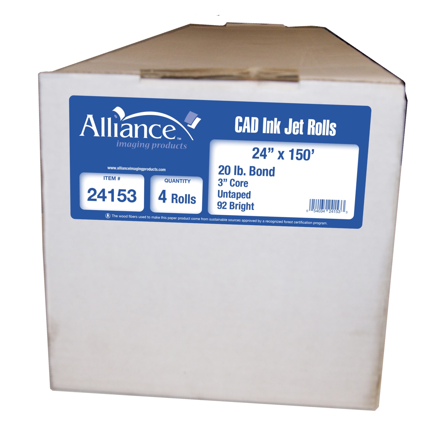 Alliance CAD Bond Paper, 3in Core, 24in x 150ft, 92 Brightness, 20 Lb, White, Pack Of 4 Rolls - Image 3