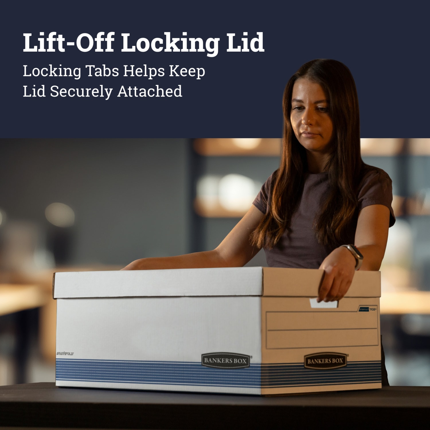 Bankers Box Stor/File FastFold Medium-Duty Storage Boxes With Locking Lift-Off Lids And Built-In Handles, Legal Size, 24D x 15in x 10in, White/Blue, 60% Recycled, Case Of 12 - Image 5
