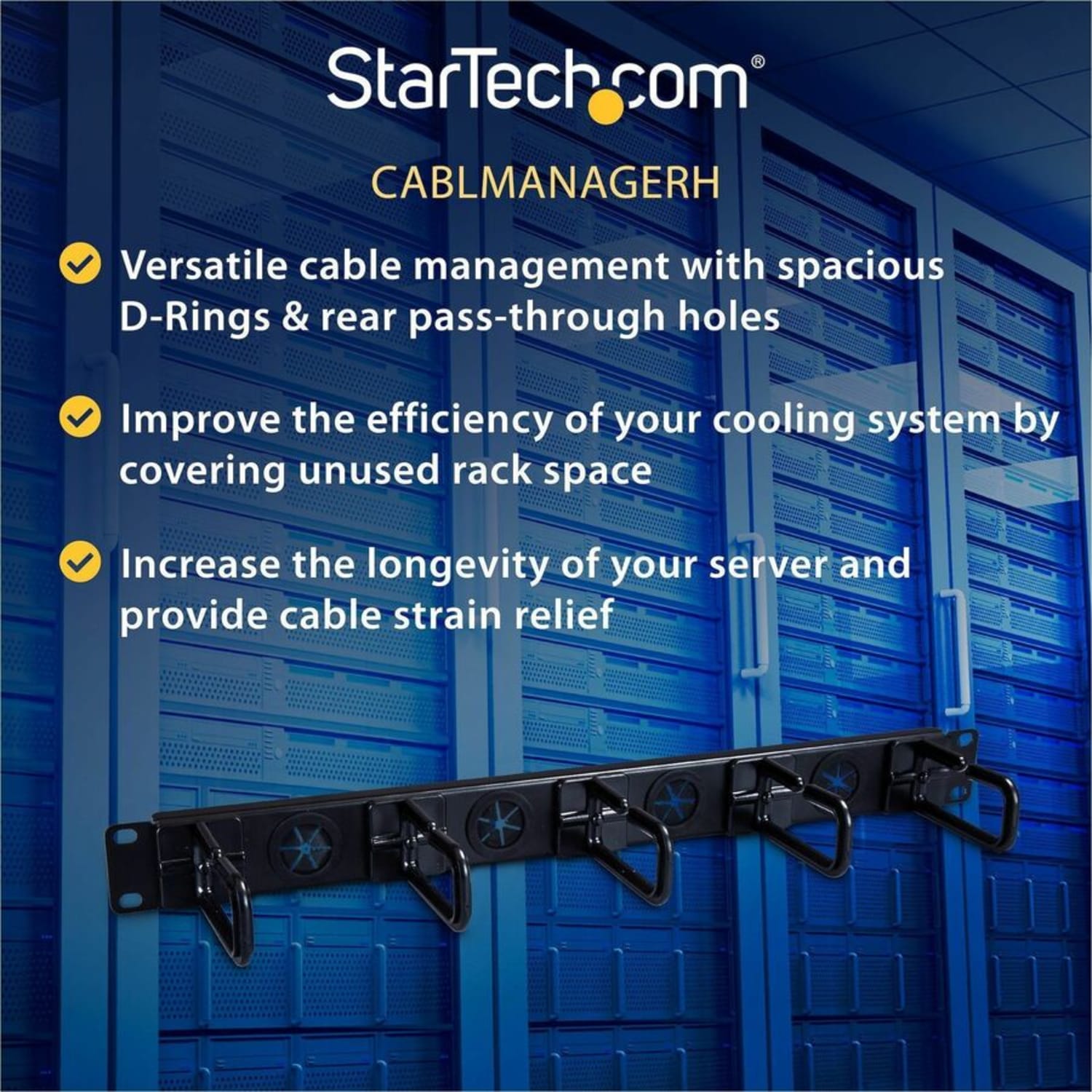 StarTech.com 1U 19in Cable Management Organizer - D Ring Hook Network/Server Rack Cord Manager - Data Center Horizontal Wire Panel - CABLMANAGERH - Image 4