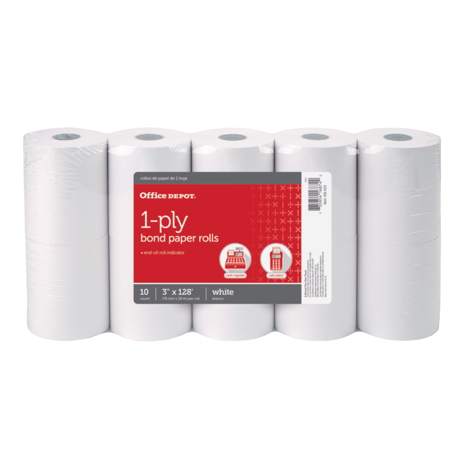 Office Depot Brand 1-Ply Bond Paper Rolls, 3in x 128ft, White, Pack Of 10