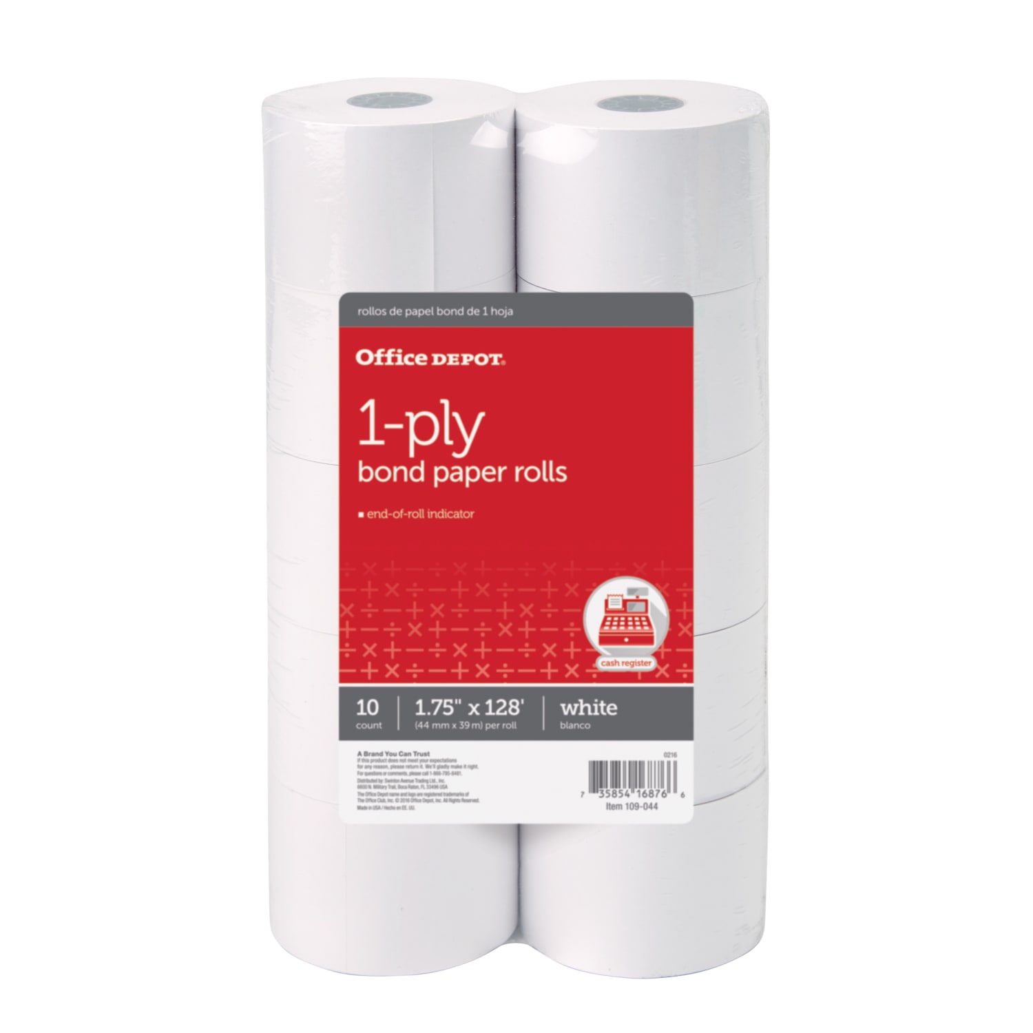 Office Depot Brand  1-Ply Bond Paper Rolls, 1-3/4in x 128ft, White, Pack Of 10