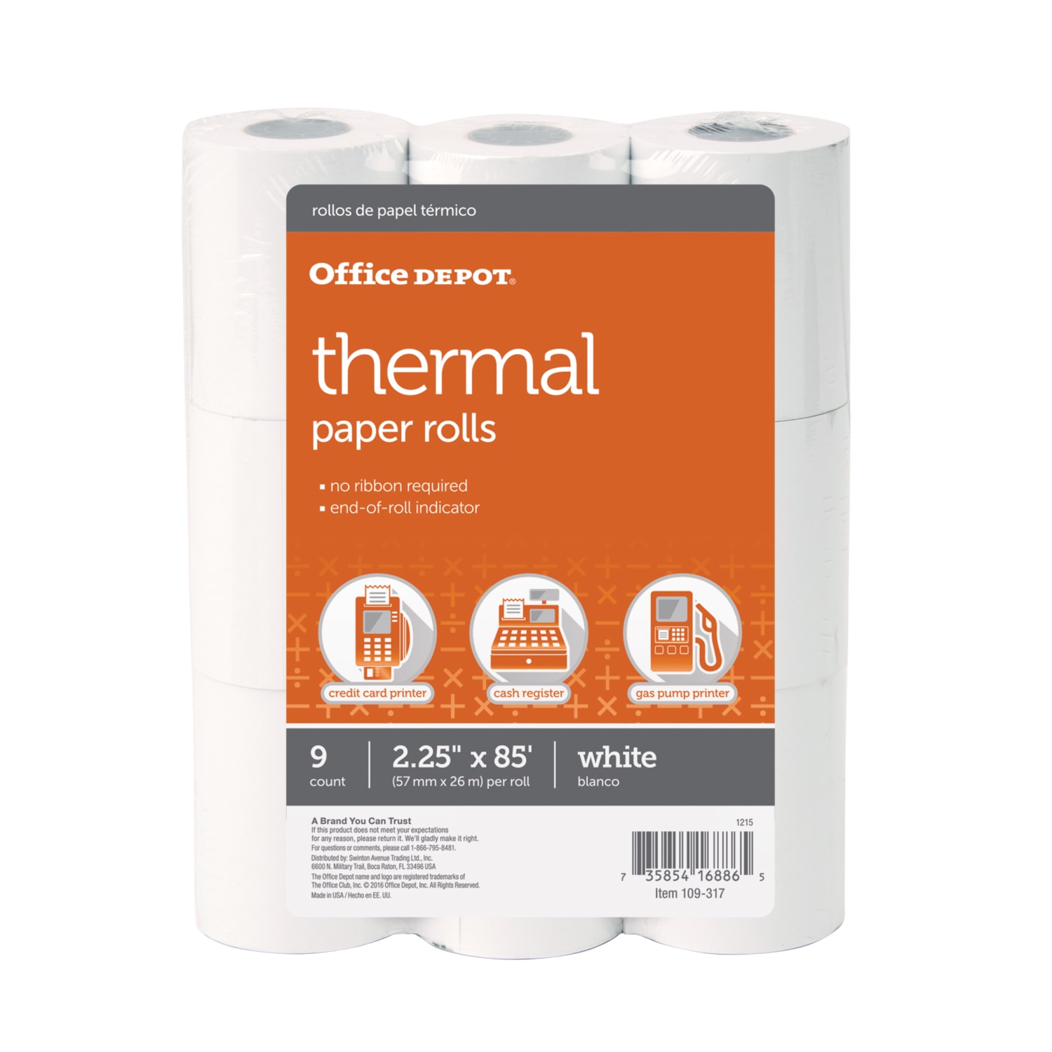 Office Depot Brand Thermal Paper Rolls, 2-1/4in x 85ft, White, Pack Of 9