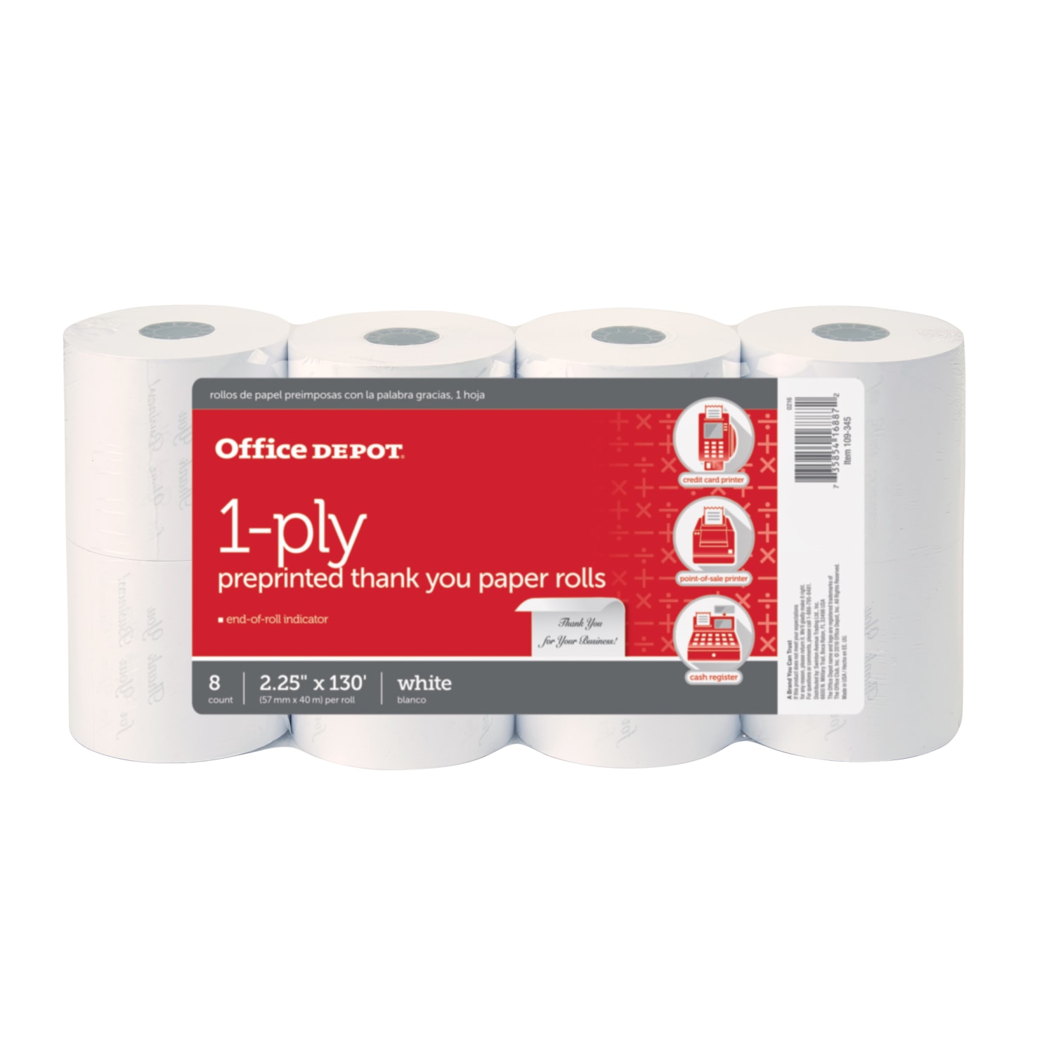 Office Depot Brand 1-Ply Preprinted "Thank You" Paper Rolls, 2-1/4in x 130ft, White, Pack Of 8