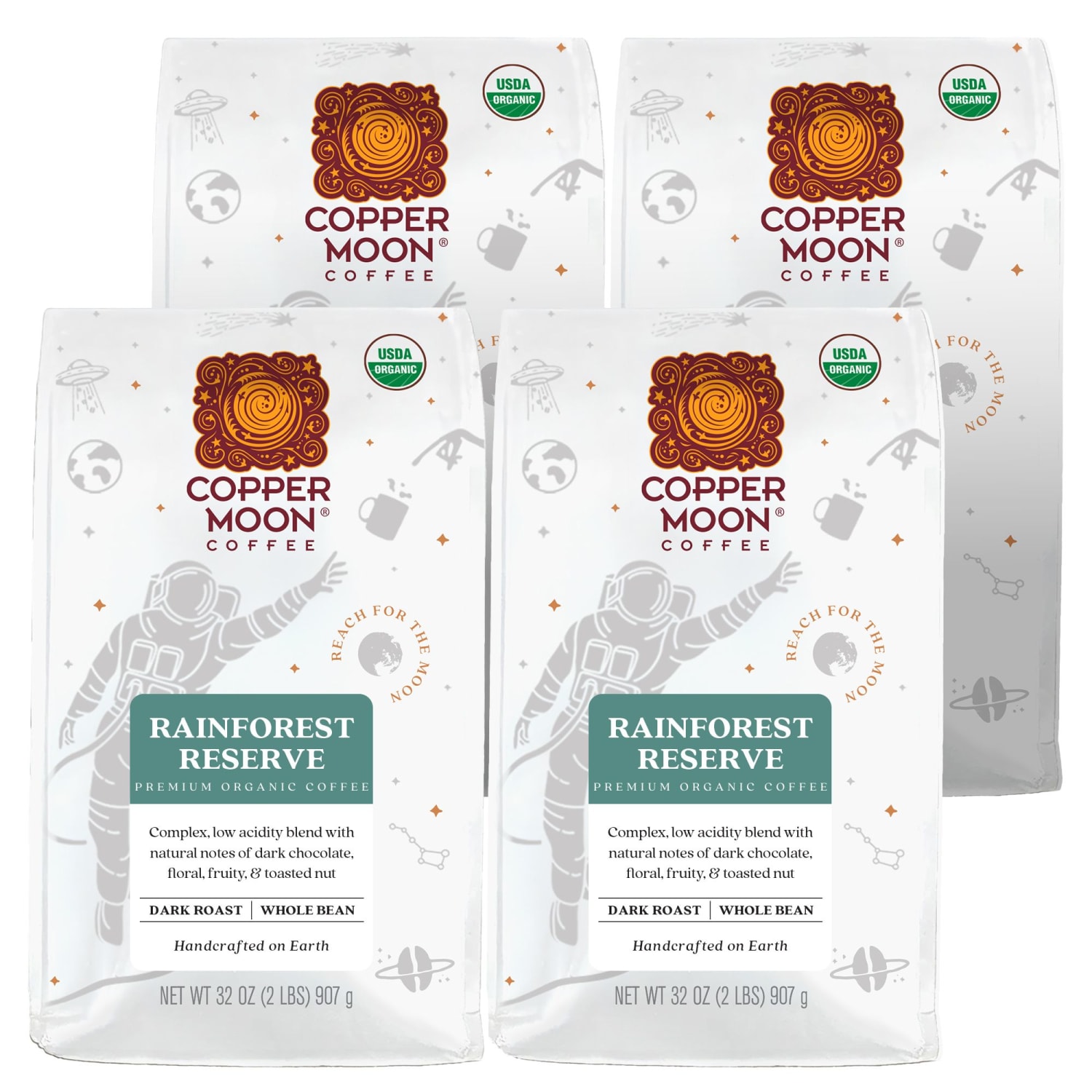 Copper Moon World Coffees Whole Bean Coffee, Dark Roast, Rainforest Reserve Fair Trade, 4 Bags (2 lbs Each)