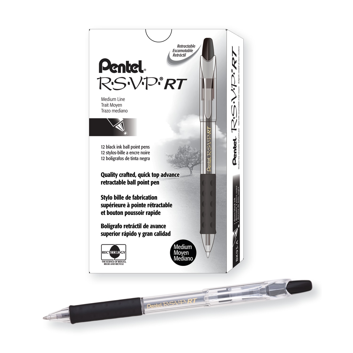 Pentel R.S.V.P. RT Retractable Ballpoint Pens, Medium Point, 1.0 mm, 61% Recycled, Transparent Black Barrel, Black Ink, Pack Of 12 Pens