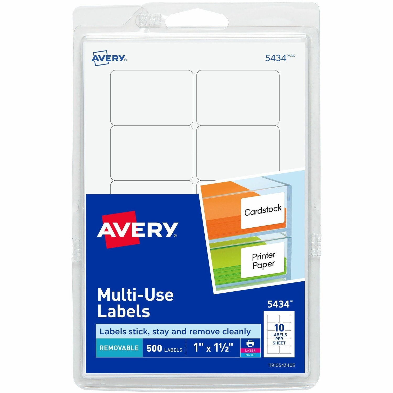 Avery Removable Labels, 5434, Rectangle, 1in x 1-1/2in, White, Pack Of 500