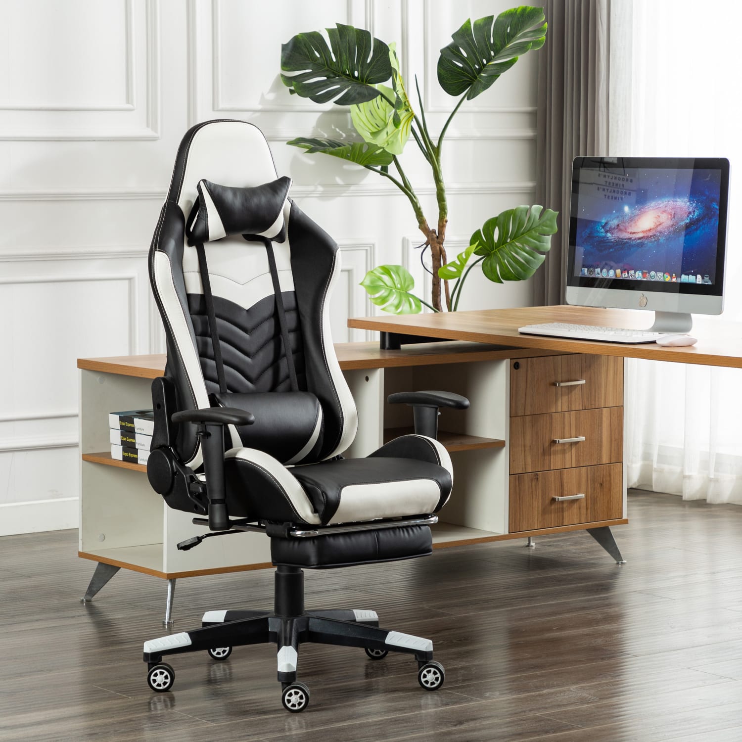 GameFitz Ergonomic Faux Leather Gaming Chair, Black/White - Image 10
