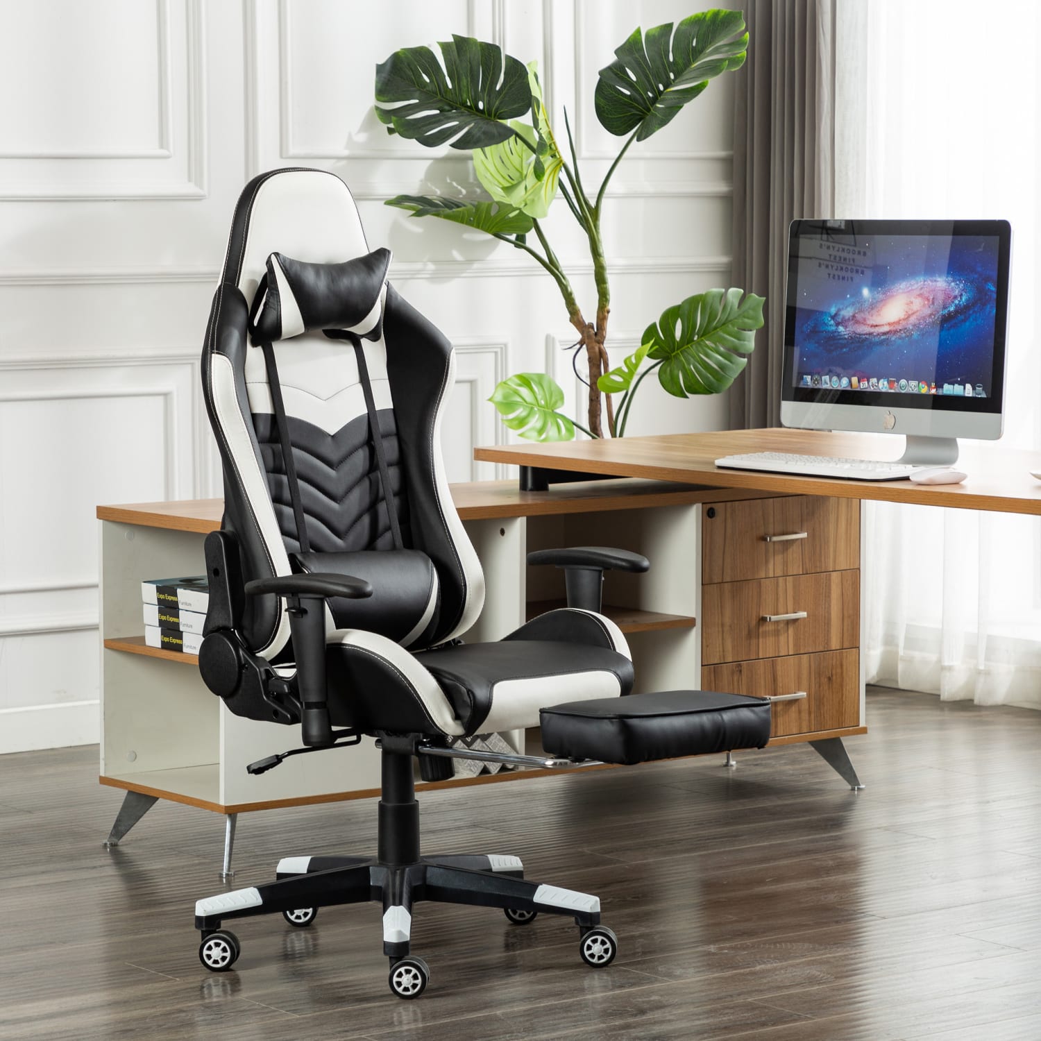 GameFitz Ergonomic Faux Leather Gaming Chair, Black/White - Image 11