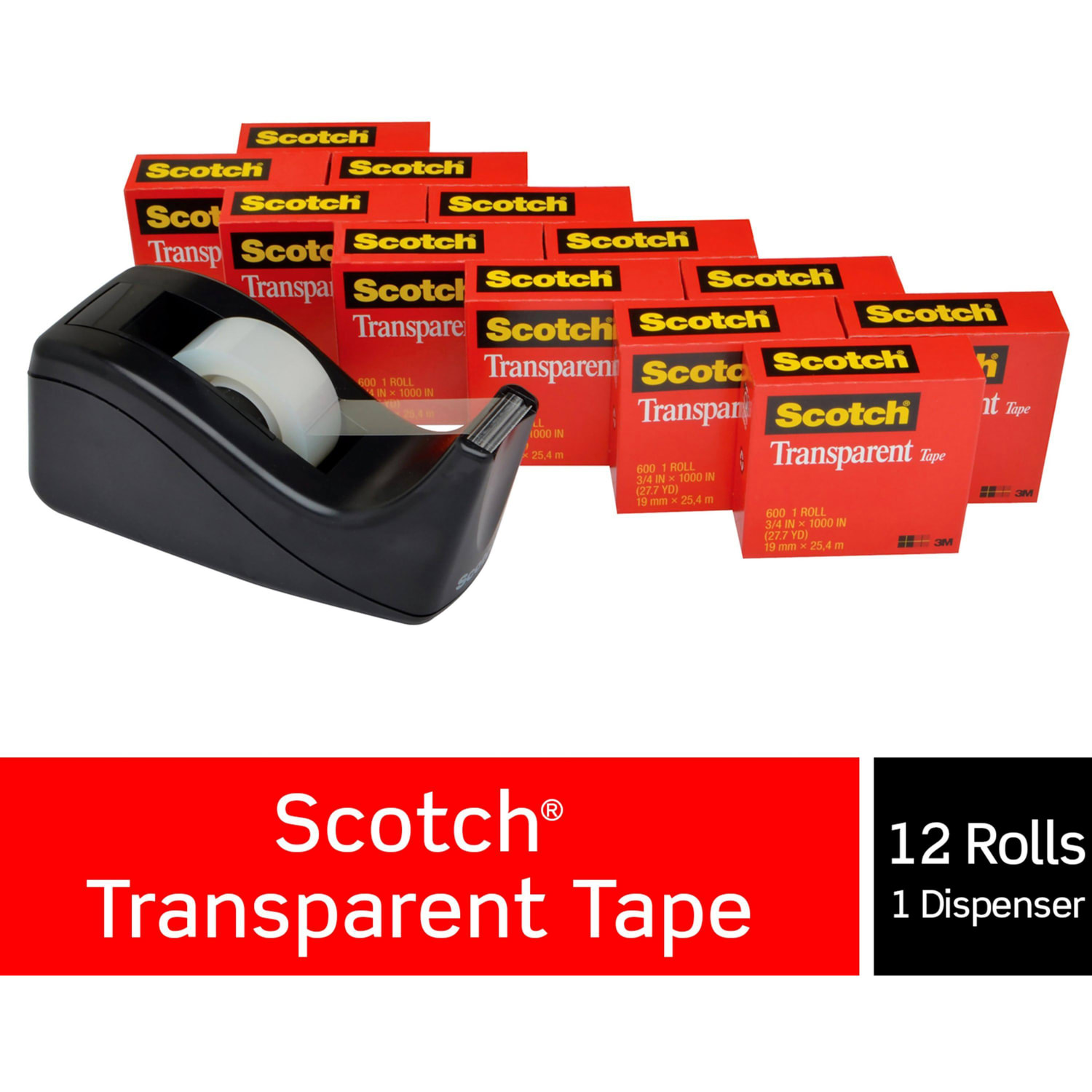 Scotch Transparent Tape, 12 Tape Rolls with 1 Dispenser, 3/4 in x 1000 in, Home Office Supplies and School Supplies for College and Classrooms - Image 3