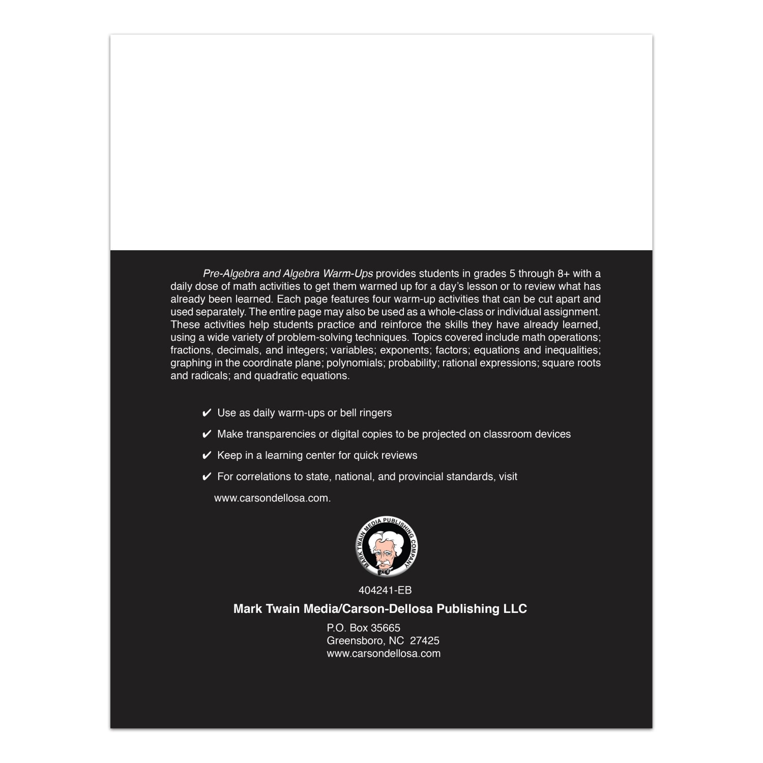 Mark Twain Media Pre-Algebra And Algebra Warm-Ups Workbook, Grades 5 - 12 - Image 4