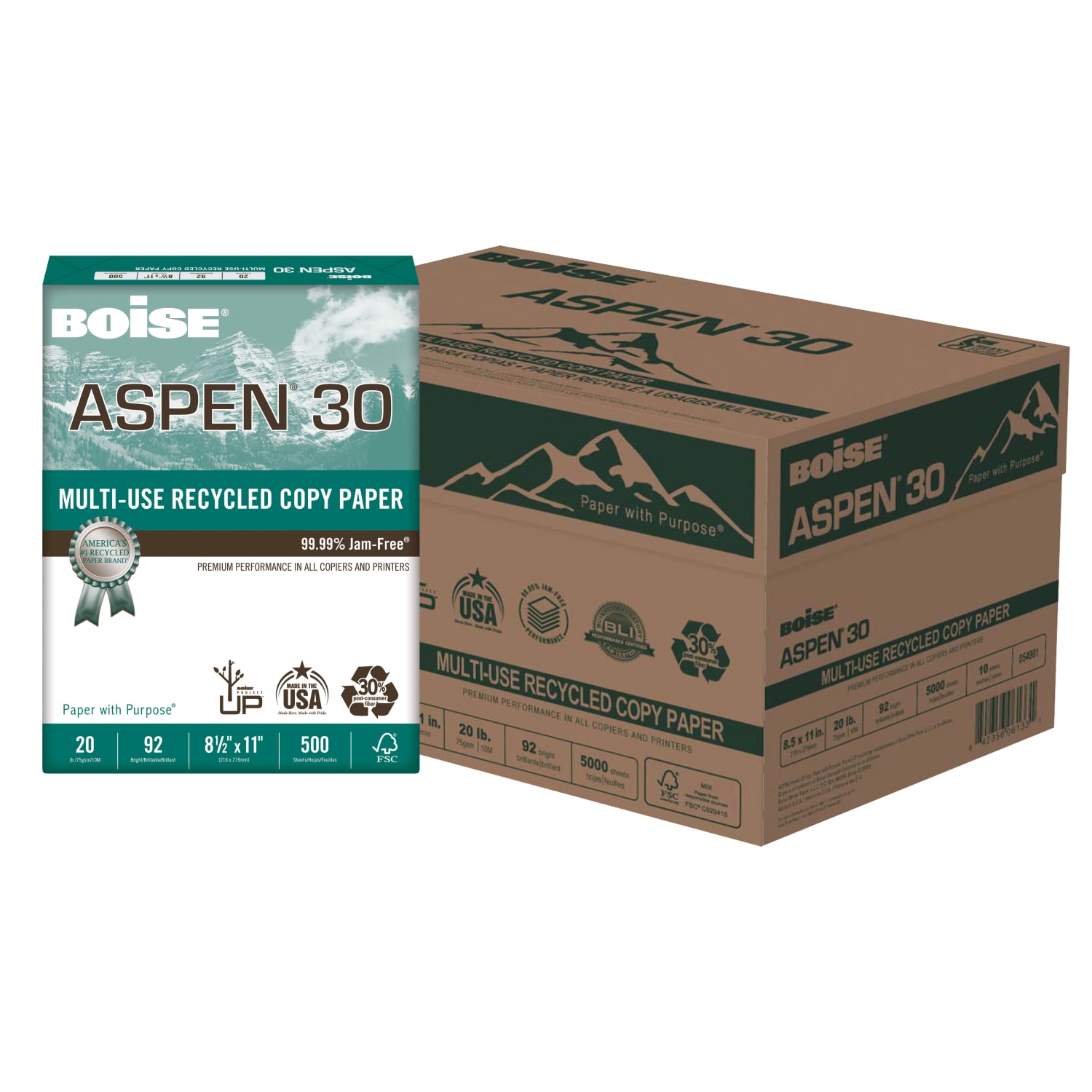 Boise ASPEN 30 Multi-Use Printer & Copy Paper, 10 Reams, White, Letter Size, 5000 Sheets Per Case- 054901-CTN