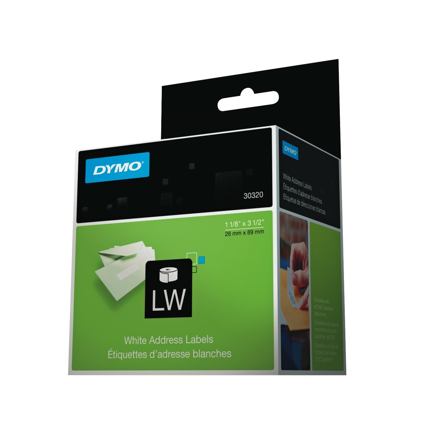 DYMO LabelWriter Address Labels, 30320, 1in Core, 1.13in x 3.5in, White, 260 Per Roll, Box Of 2 Rolls