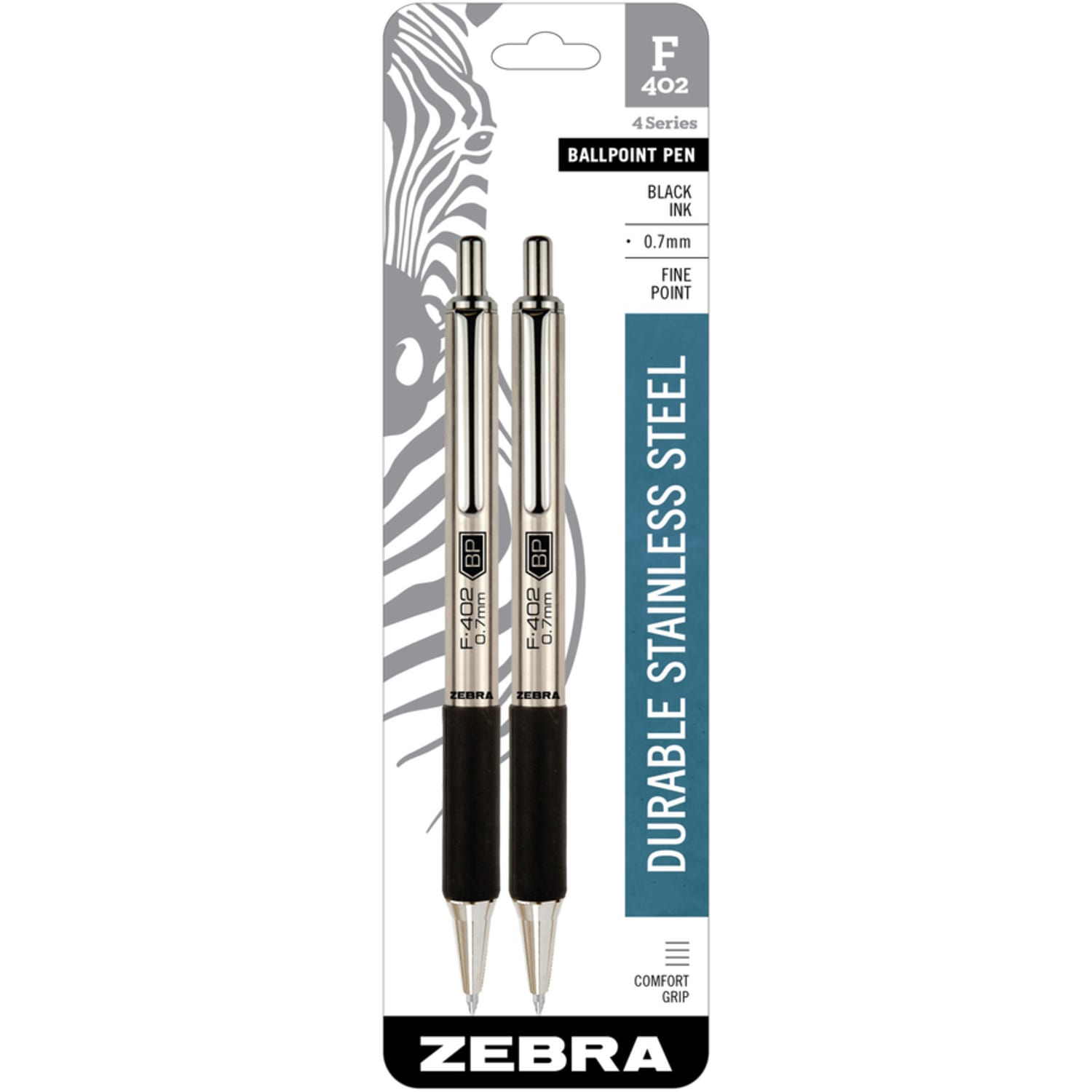 Zebra Pen F-402 Stainless Steel Retractable Ballpoint Pens, Pack Of 2, Fine Point, 0.7 mm, Silver Barrel, Black Ink - Image 4
