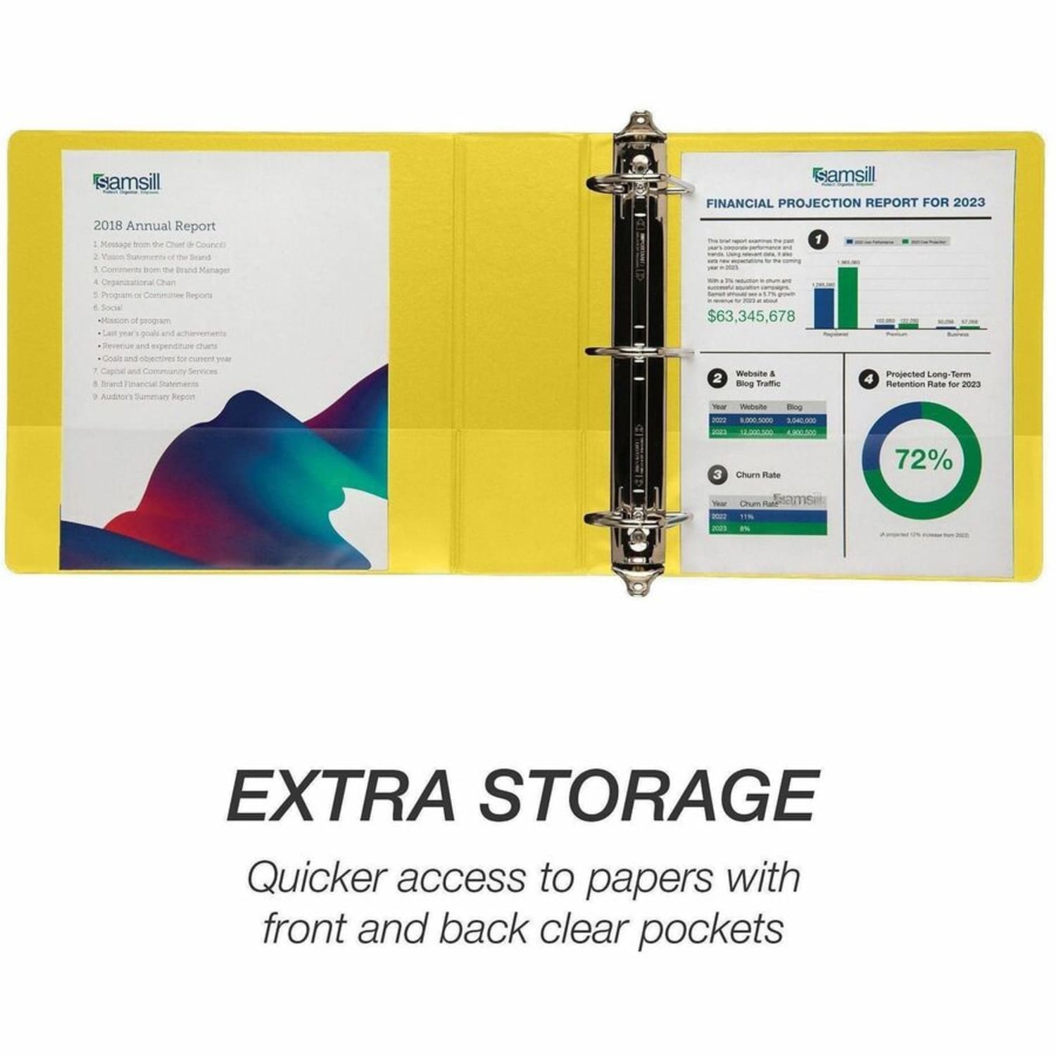 Samsill Durable Three-Ring View Binder - 3in Binder Capacity - 625 Sheet Capacity - Fastener(s): 3 x D-Ring - Pocket(s): 2, Internal - Polypropylene, Chipboard - Yellow - Recycled - Durable, PVC-free, Ink-transfer Resistant, Clear Overlay, Sturdy - 1 Each - Image 5