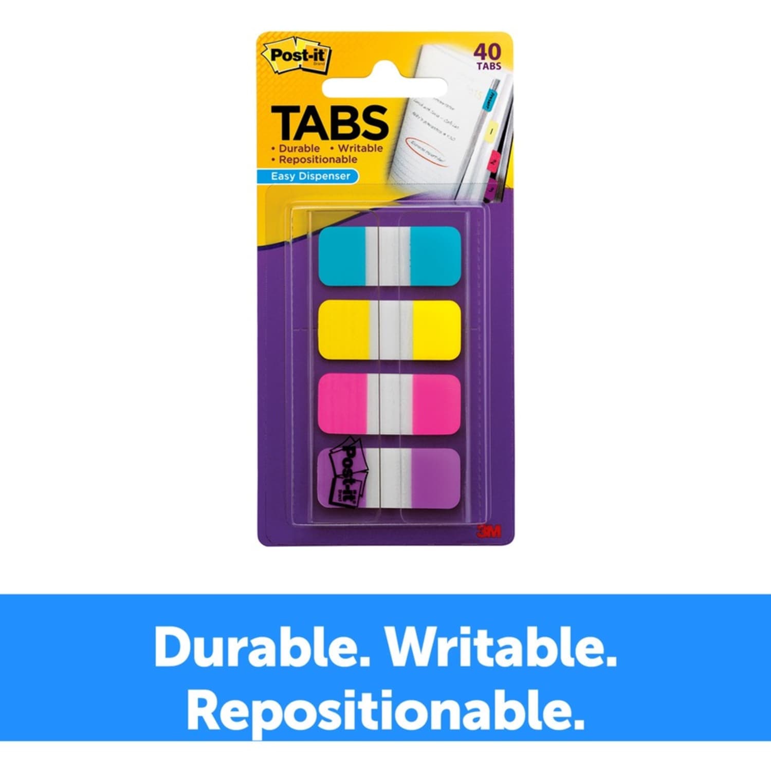 Post-it Tabs, .625 in., 10/Color, 40/Dispenser, Solid, Aqua, Yellow, Pink, Violet - Image 4