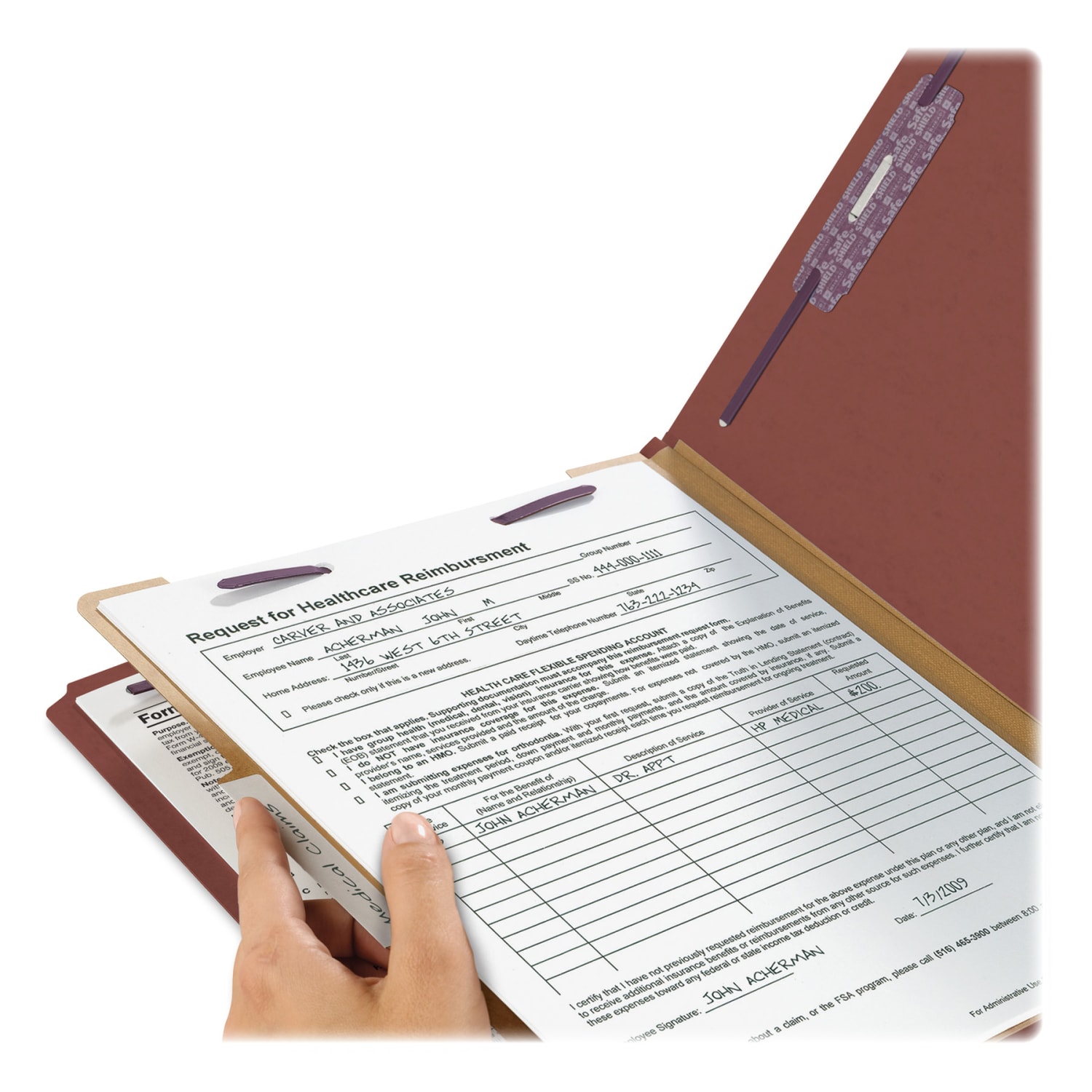 Smead Classification Folders, Pressboard With SafeSHIELD Fasteners, 1 Divider, 2in Expansion, Letter Size, 100% Recycled, Red, Box Of 10 - Image 4