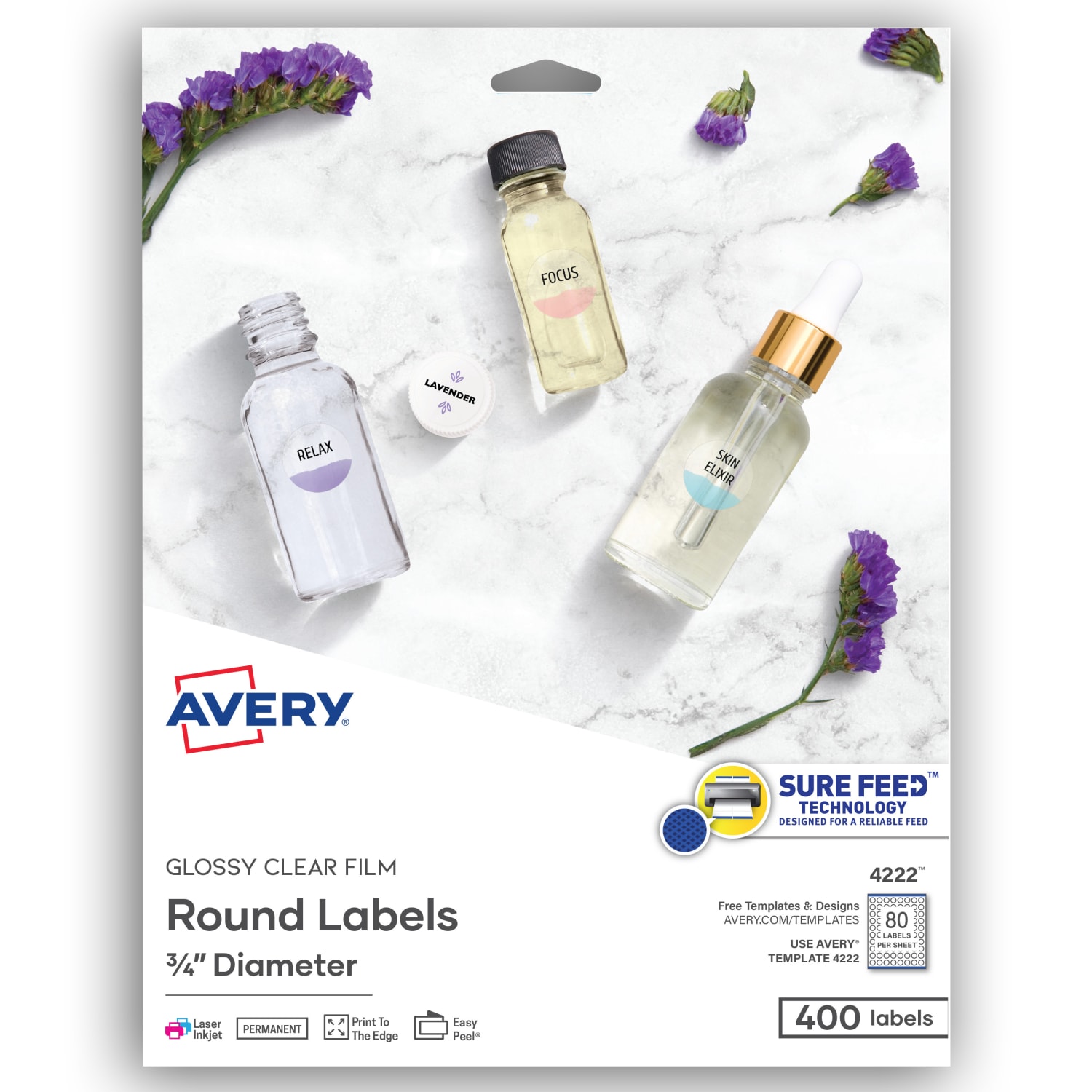 Avery Glossy Clear Print-to-the-Edge Easy Peel Labels With Sure Feed Technology, 4222, Round, 3/4in Diameter, Clear, Pack Of 400