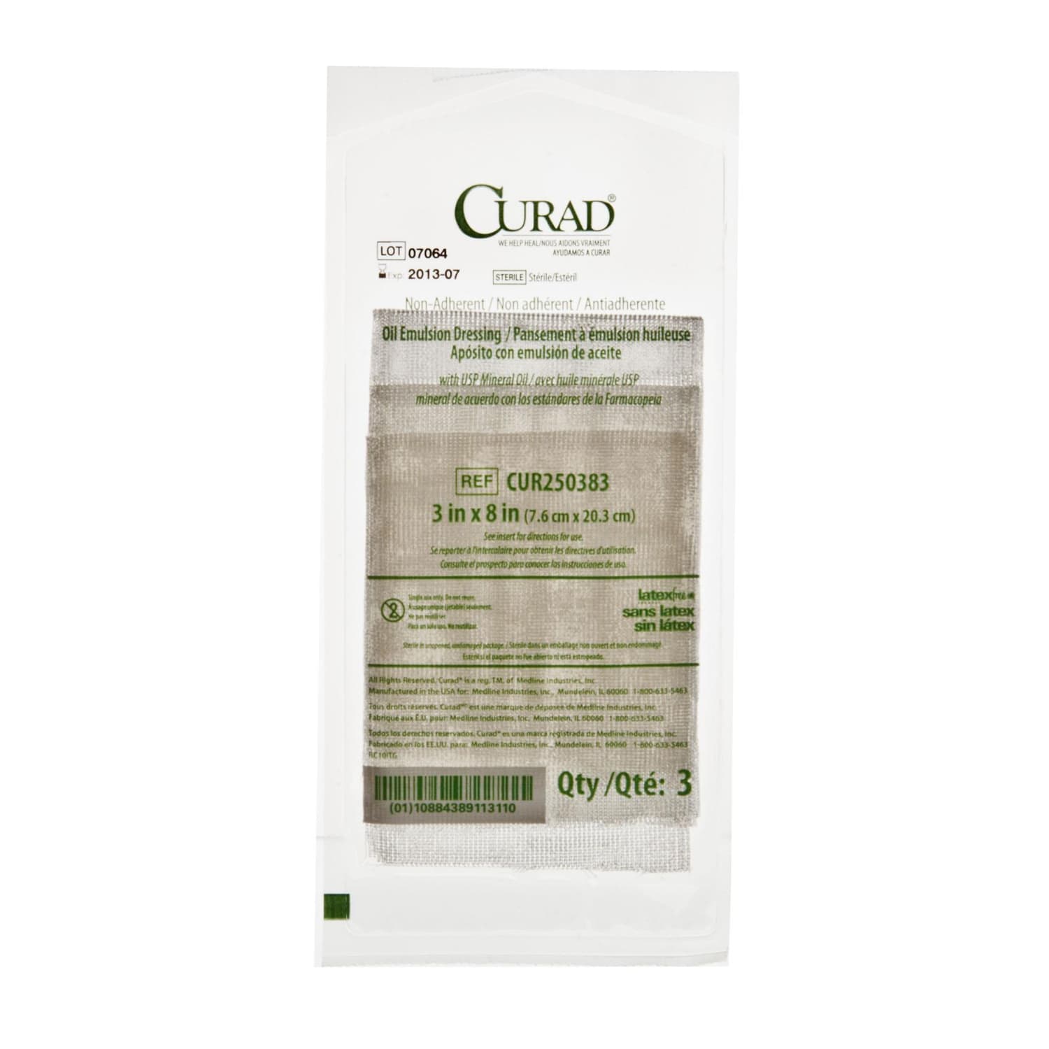 CURAD Sterile Oil Emulsion Non-Adherent Gauze, 3in x 8in, White, Pack Of 648