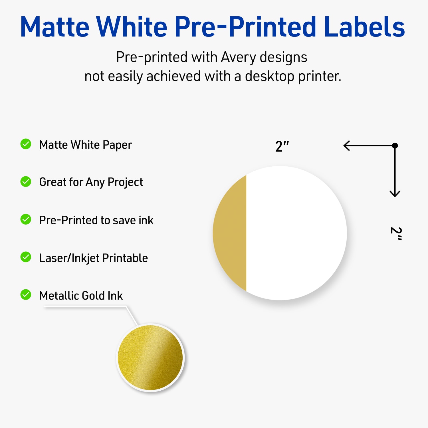 Avery Print-To-The-Edge Labels With Sure Feed Technology, S00-D1Q-PRWMP10, Round, 2in, Matte White, Preprinted Dipped Gold Edge Design, Pack Of 120 - Image 4