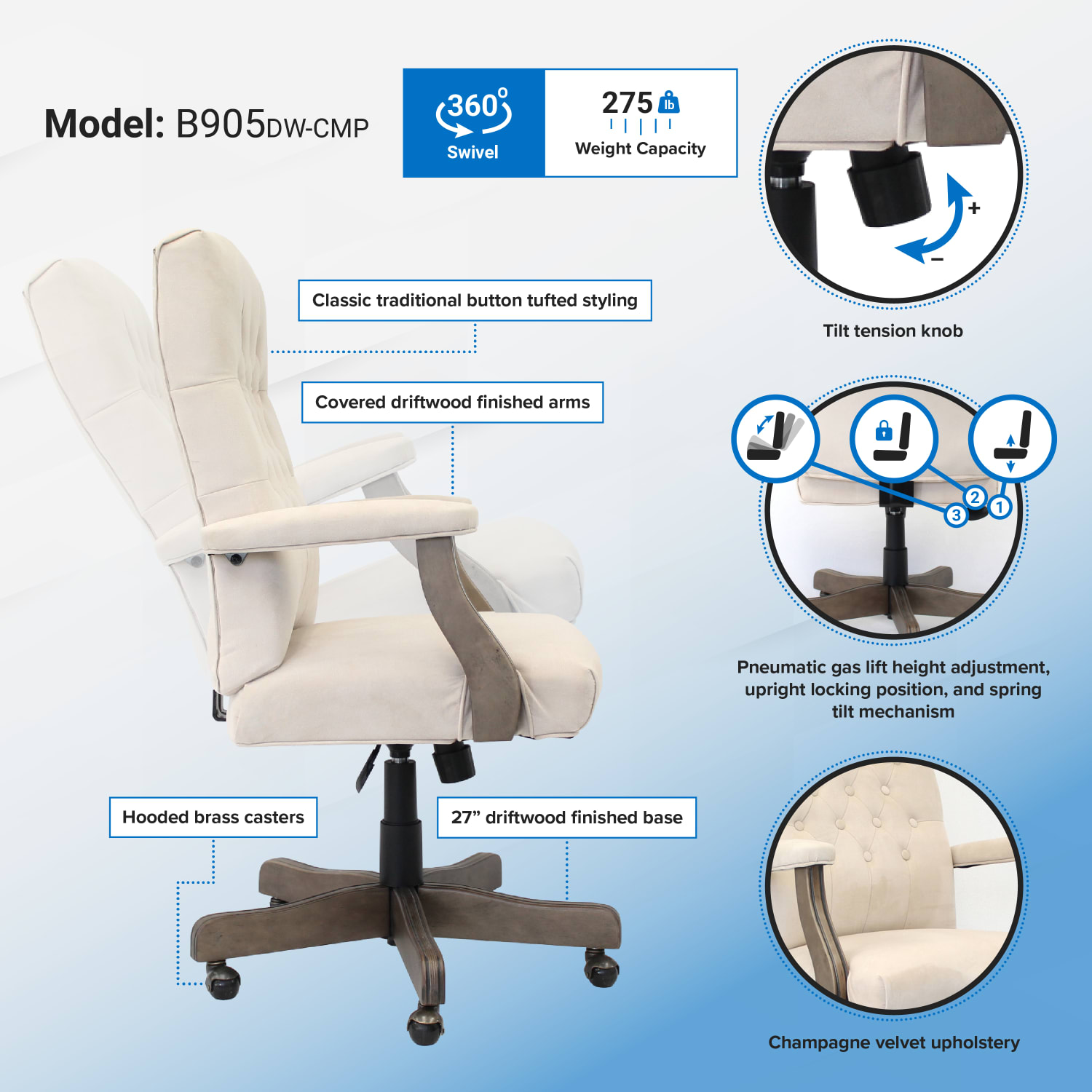 Boss Button-Tufted Ergonomic High-Back Chair, Champagne Velvet - Image 8
