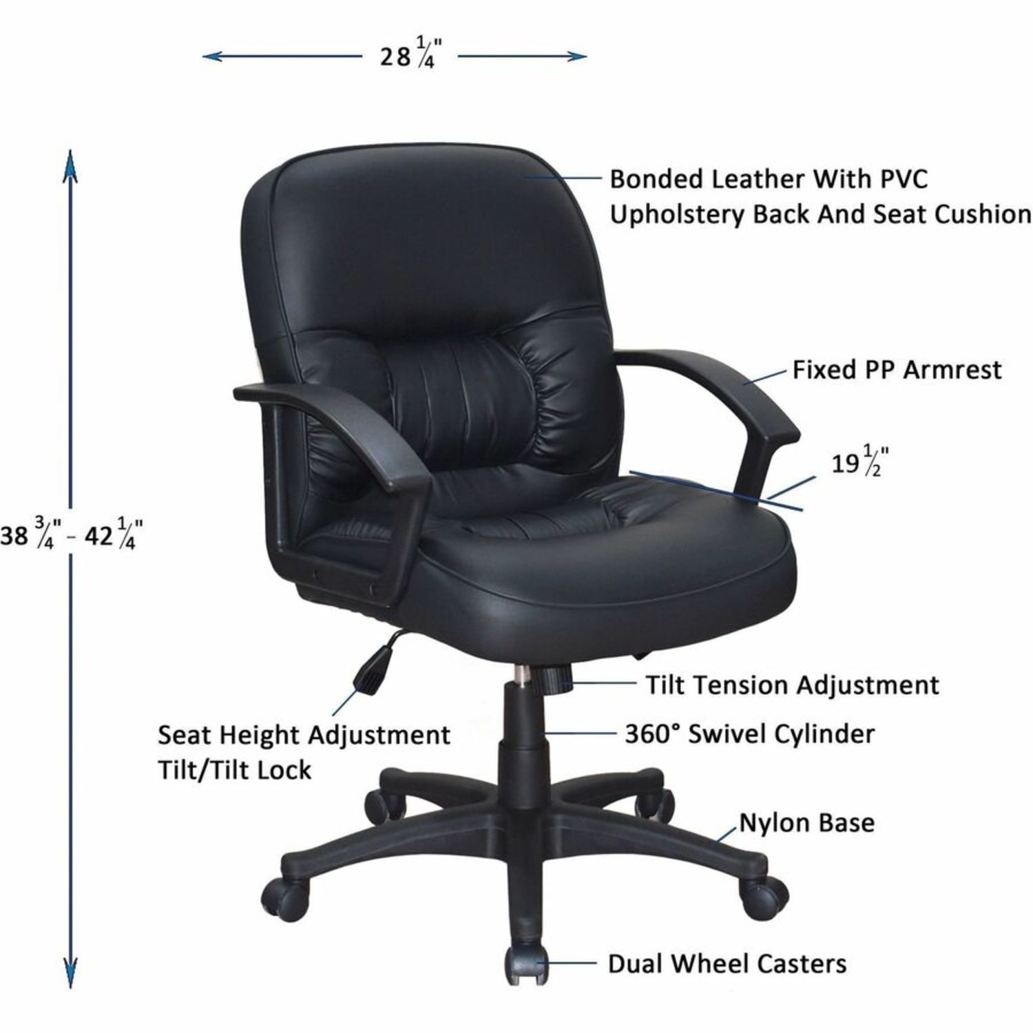 Lorell Tufted Ergonomic Bonded Leather Mid Back Chair Black PopularChairscom