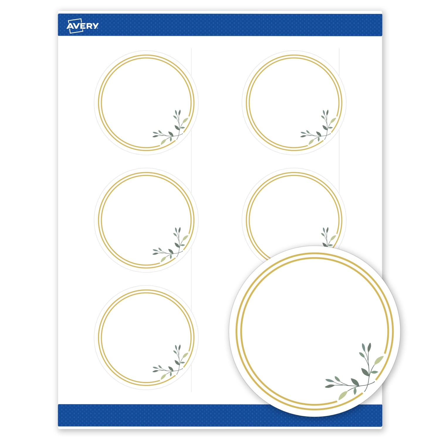 Avery Print-To-The-Edge Labels & Sure Feed, S00-DMR-PRWMP10, 3in Round, Matte White, Preprinted Double Gold Border & Floral Design, Pack Of 60 - Image 3