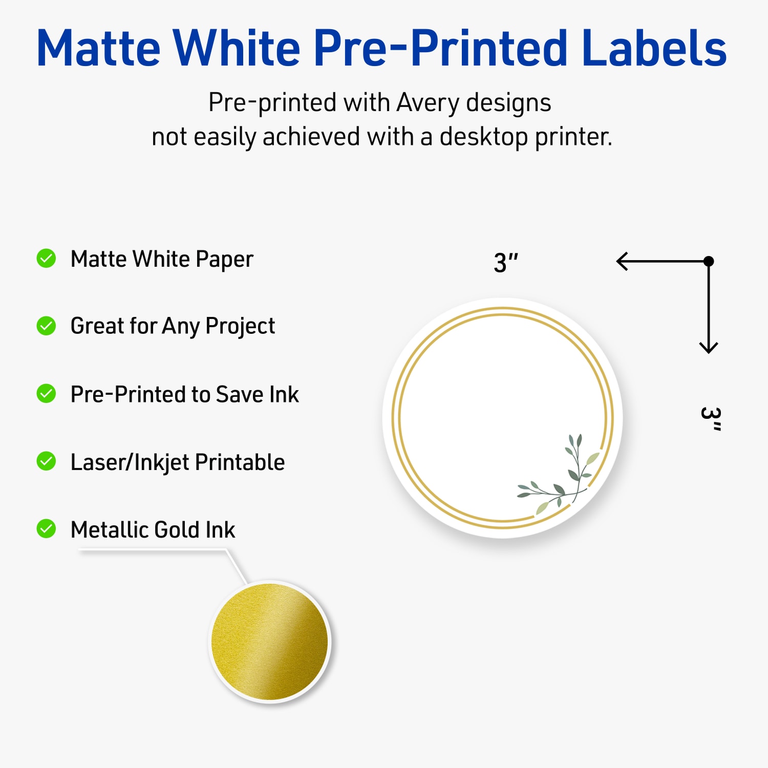 Avery Print-To-The-Edge Labels & Sure Feed, S00-DMR-PRWMP10, 3in Round, Matte White, Preprinted Double Gold Border & Floral Design, Pack Of 60 - Image 4