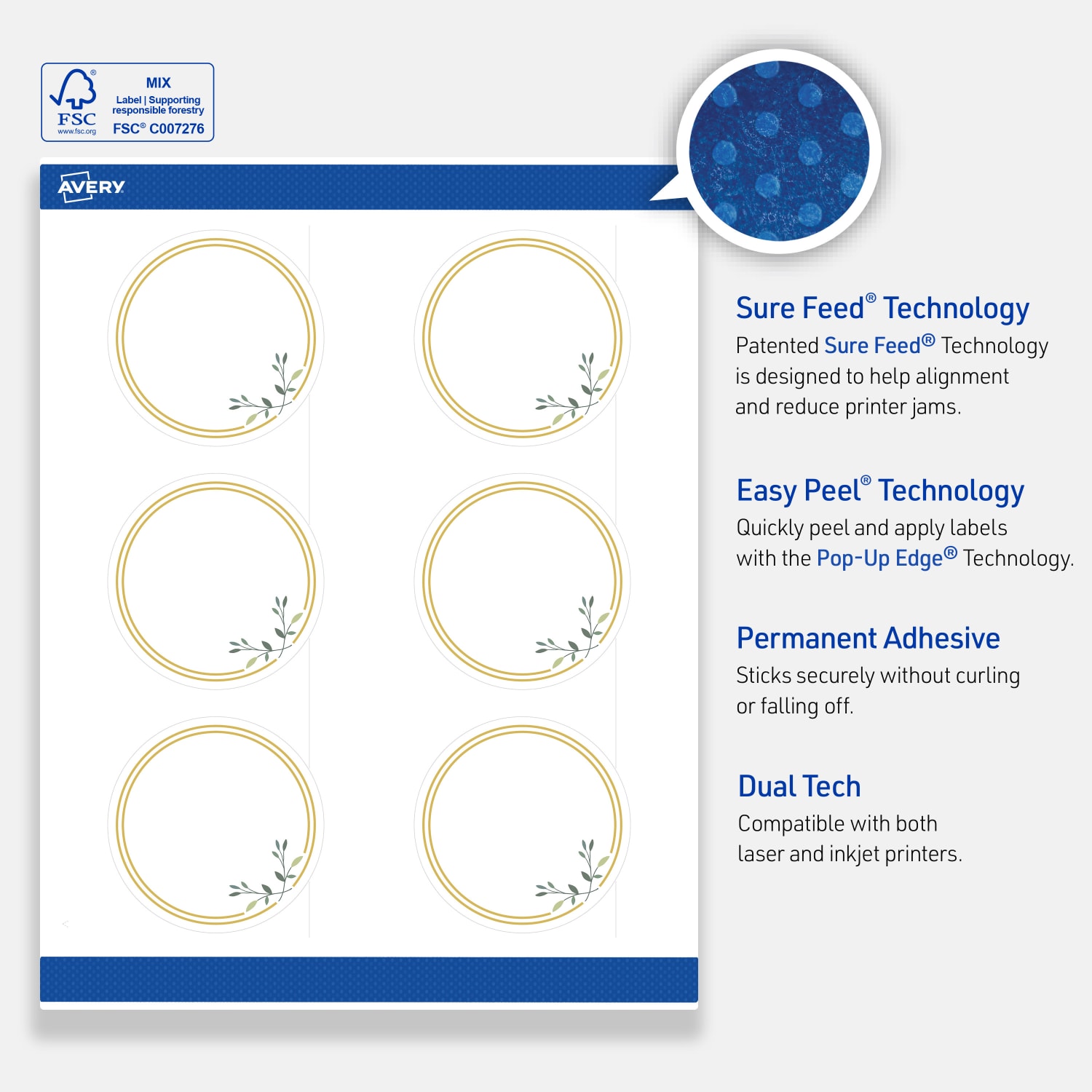 Avery Print-To-The-Edge Labels & Sure Feed, S00-DMR-PRWMP10, 3in Round, Matte White, Preprinted Double Gold Border & Floral Design, Pack Of 60 - Image 5