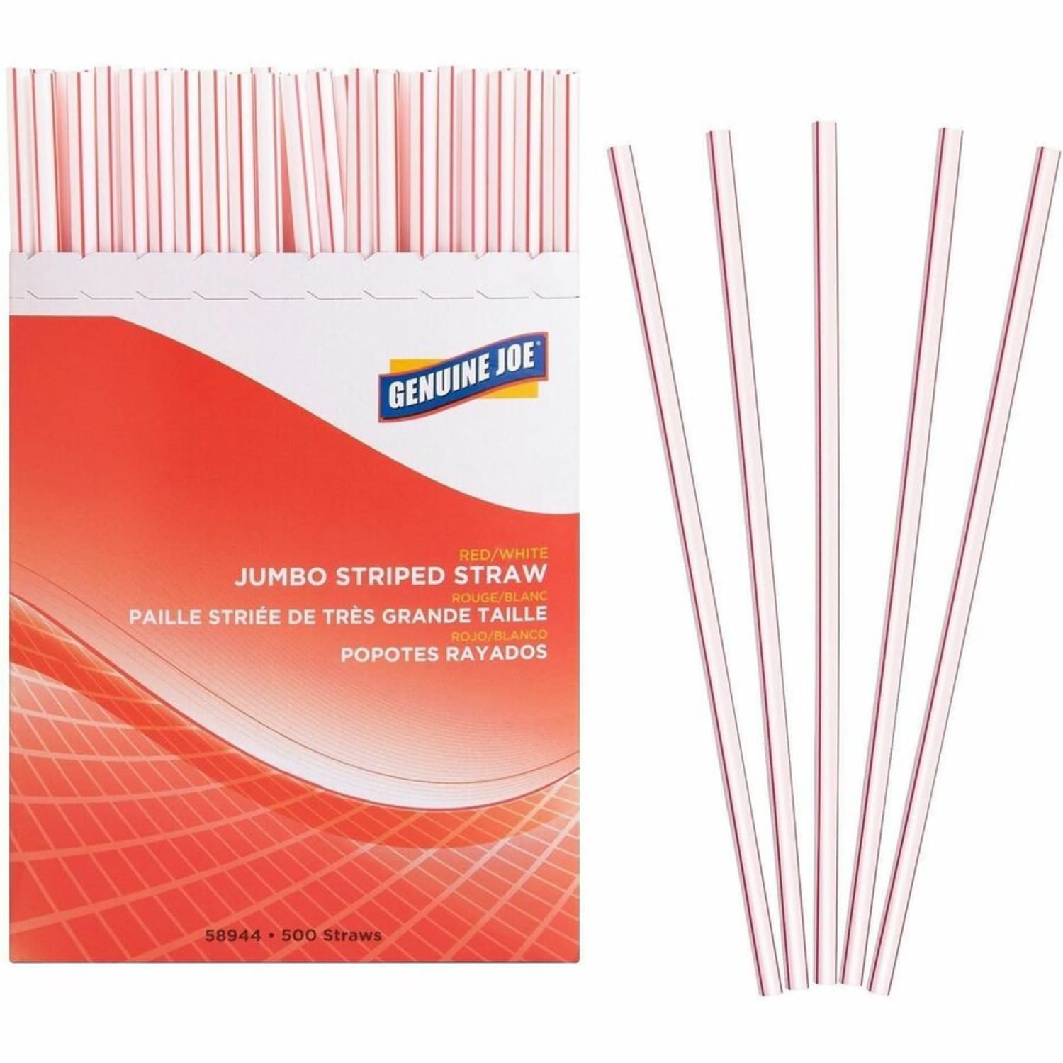 Genuine Joe Jumbo Striped Straws - 7.8in Length - Plastic - Red, White - 500 / Box - Image 4
