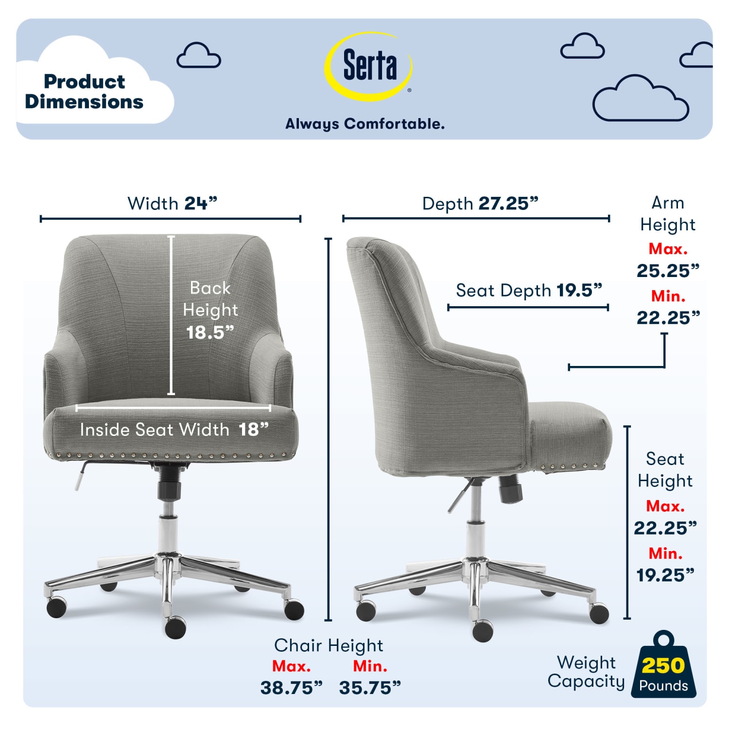 Serta Leighton Mid-Back Office Chair, Medium Gray/Chrome - Image 4