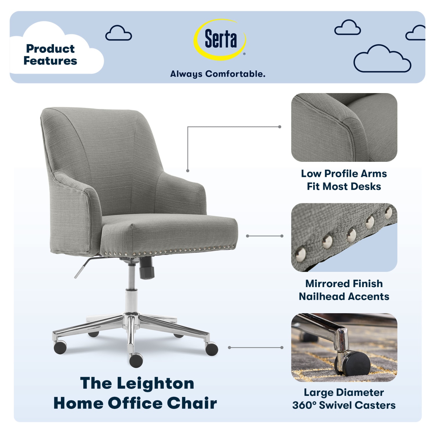 Serta Leighton Mid-Back Office Chair, Medium Gray/Chrome - Image 5