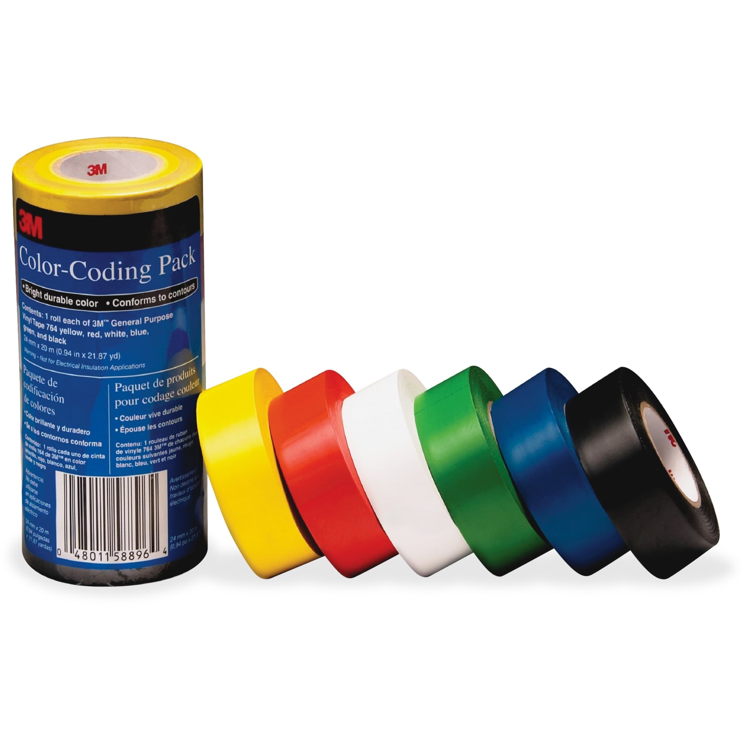 3M Vinyl Tape 764 Color-coding Pack - 21.87 yd x 0.94inx 5 mil Thickness - Multicolor - Rubber - 4 mil - Polyvinyl Chloride (PVC) Backing - 6 / Pack - Image 3