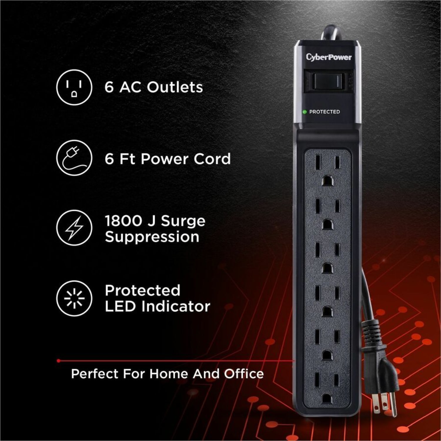 CyberPower CSB606 Essential 6 - Outlet Surge with 900 J - Clamping Voltage 800V, 6 ft, NEMA 5-15P, 15 Amp, EMI/RFI Filtration, Black - CSB606 - Image 4