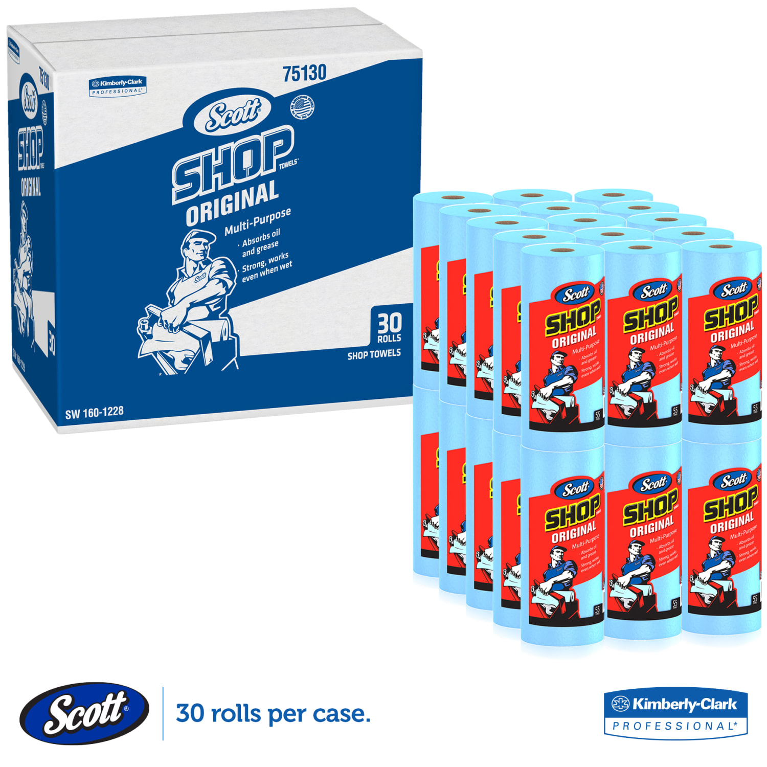 Scott 1-Ply Shop Paper Towels, Blue, 55 Sheets Per Roll, Pack Of 30 Rolls - Image 3
