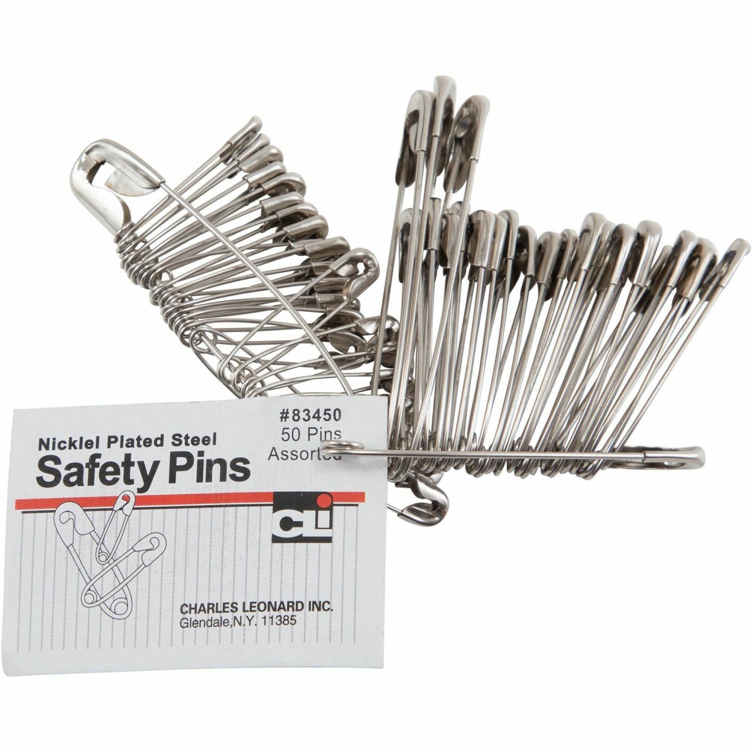 CLI Nickel-Plated Steel Safety Pins, Assorted Sizes, Silver, Pack Of 50