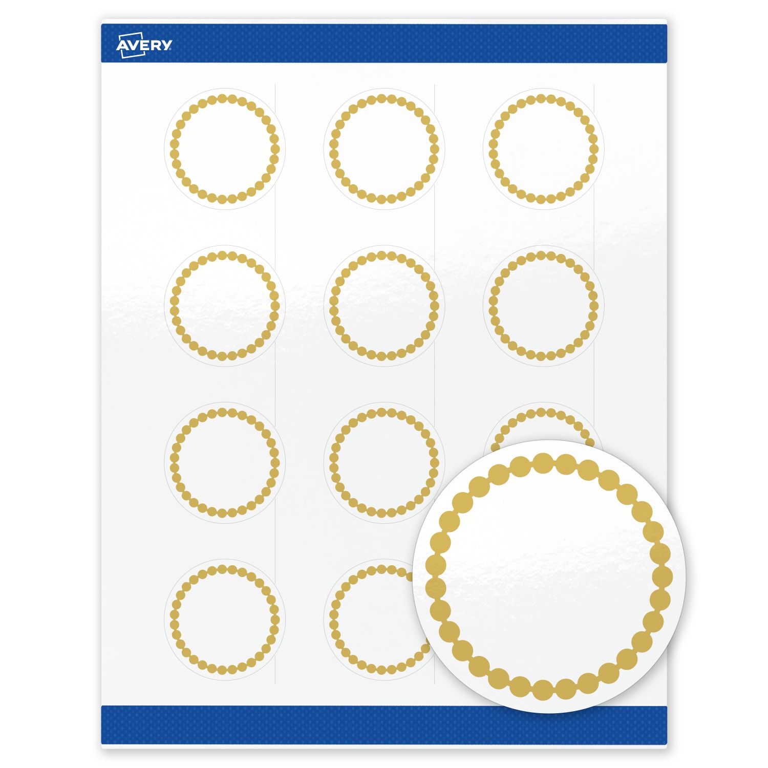 Avery Print-To-The-Edge Labels With Sure Feed Technology, S00-D1J-PRWGP10, Round, 2in, Glossy White, Preprinted Gold Beads Design, Pack Of 120 - Image 3