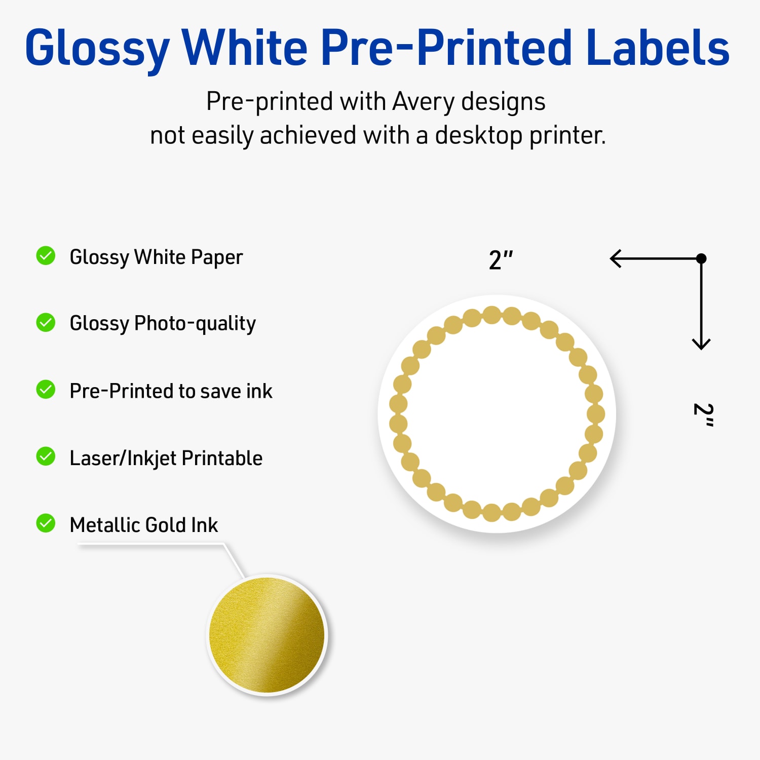 Avery Print-To-The-Edge Labels With Sure Feed Technology, S00-D1J-PRWGP10, Round, 2in, Glossy White, Preprinted Gold Beads Design, Pack Of 120 - Image 4