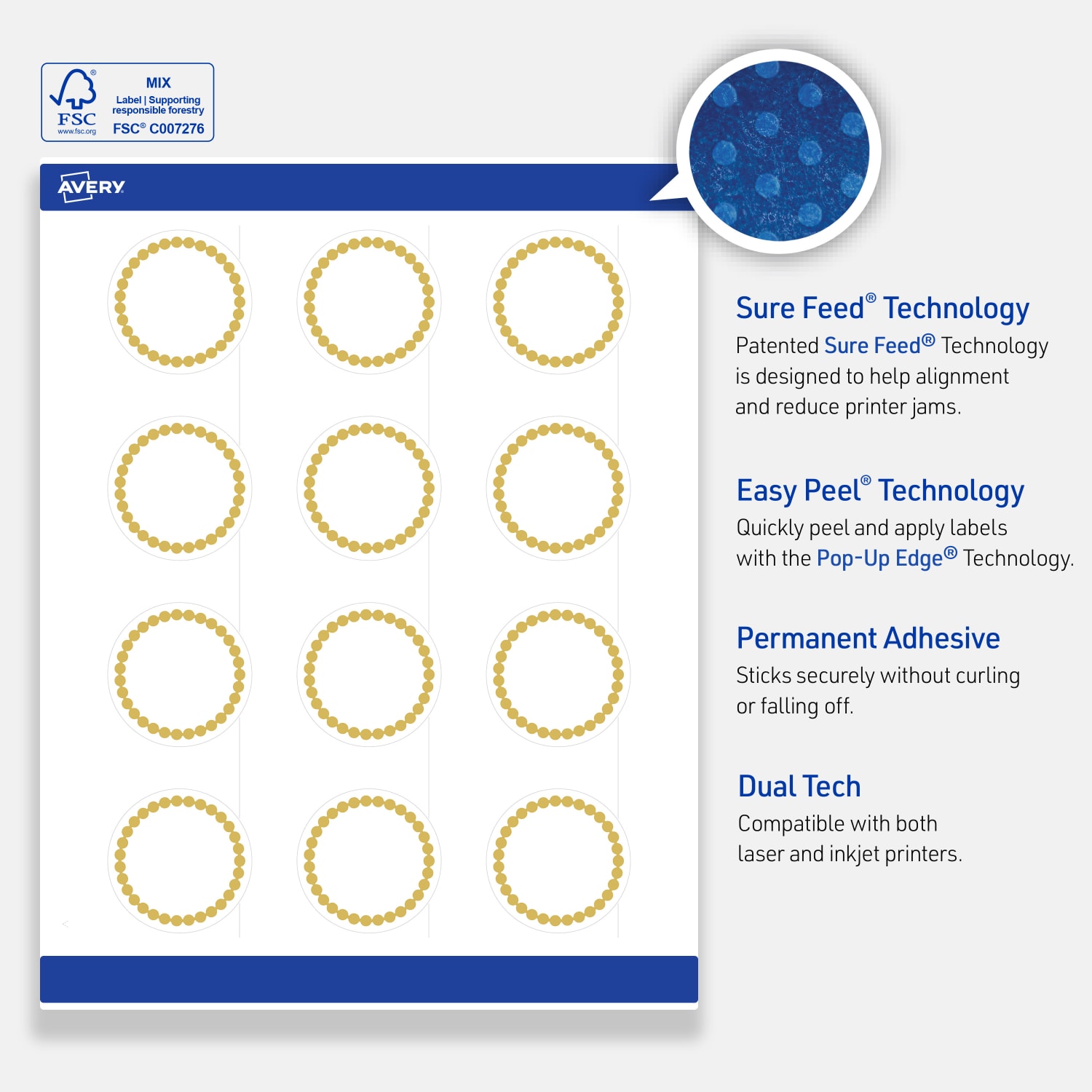 Avery Print-To-The-Edge Labels With Sure Feed Technology, S00-D1J-PRWGP10, Round, 2in, Glossy White, Preprinted Gold Beads Design, Pack Of 120 - Image 5