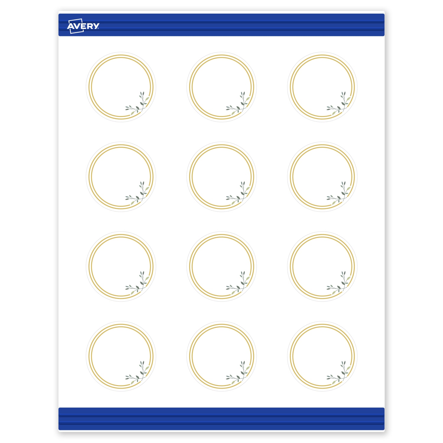 Avery Printable Round Cards With Sure Feed Technology, 2in, Matte White With Preprinted Gold Double Border Floral Design, Pack Of 120
