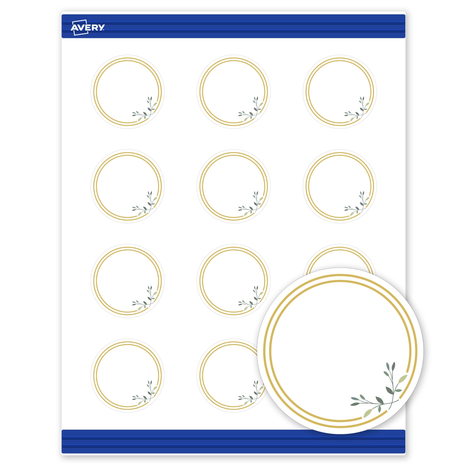 Avery Printable Round Cards With Sure Feed Technology, 2in, Matte White With Preprinted Gold Double Border Floral Design, Pack Of 120 - Image 3