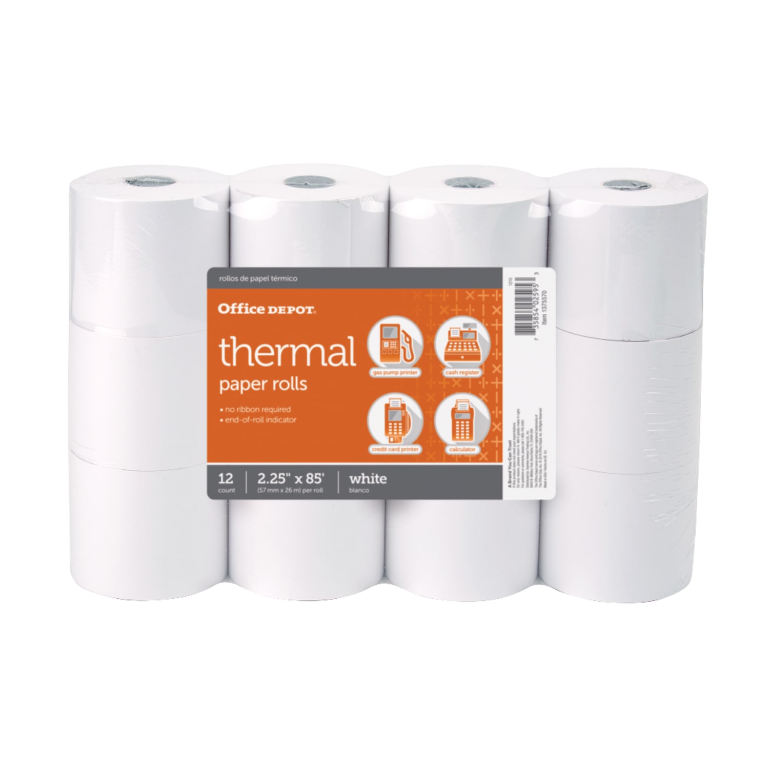 Office Depot Brand Thermal Paper Rolls, 2-1/4in x 85ft, White, Pack of 12