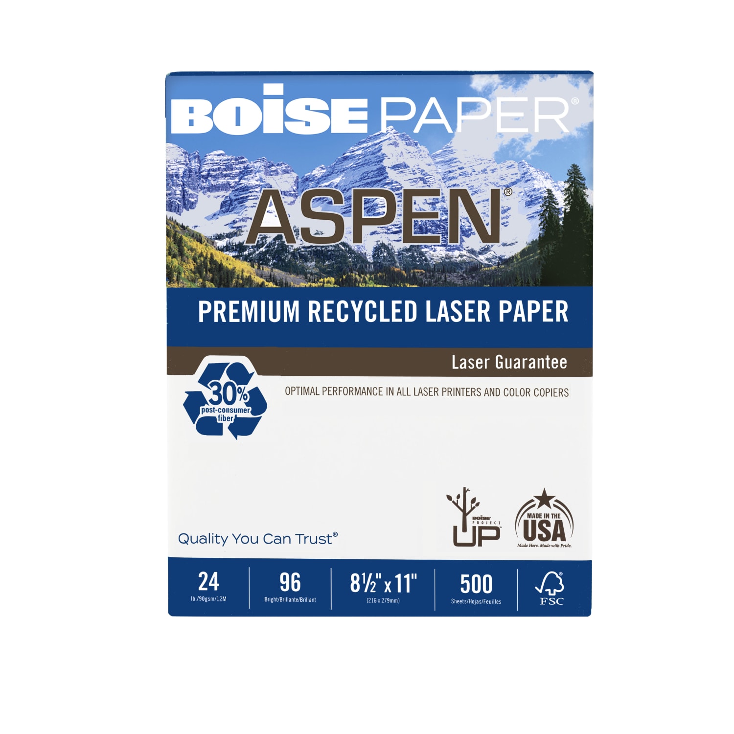 Boise ASPEN Laser Paper, 1 Ream, White, Letter Size (8 1/2in x 11in), Ream Of 500 Sheets, 30% Recycled, FSC Certified, 24 Lb, 96 Brightness