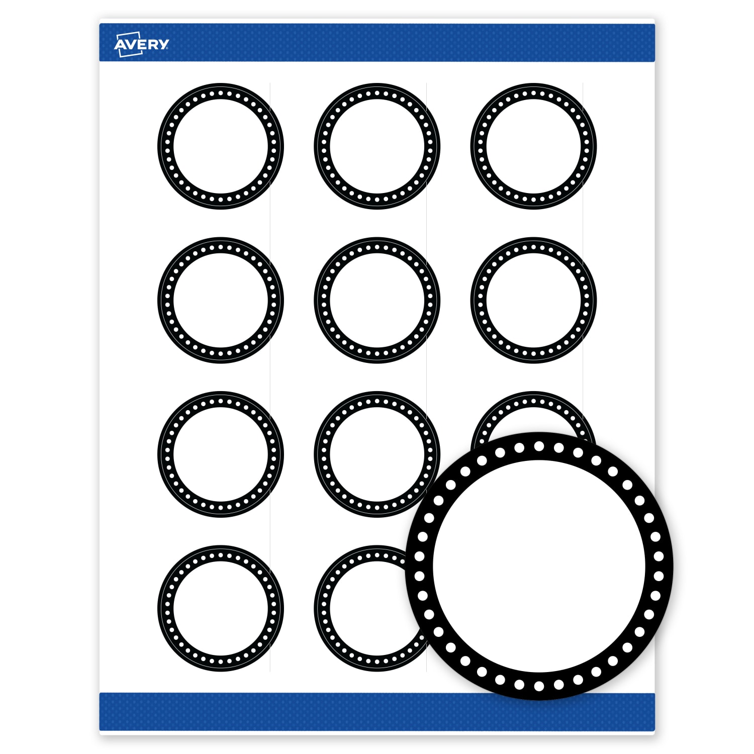 Avery Print-To-The-Edge Labels & Sure Feed, S00-D26-PRWMP10, 2in Round, Matte White, Preprinted Black & White Polka Dots Design, Pack Of 120 - Image 3